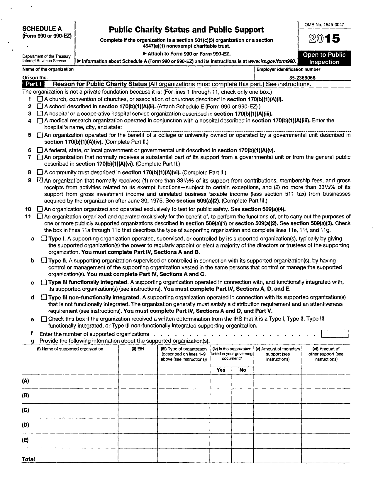 Image of first page of 2015 Form 990R for Orison