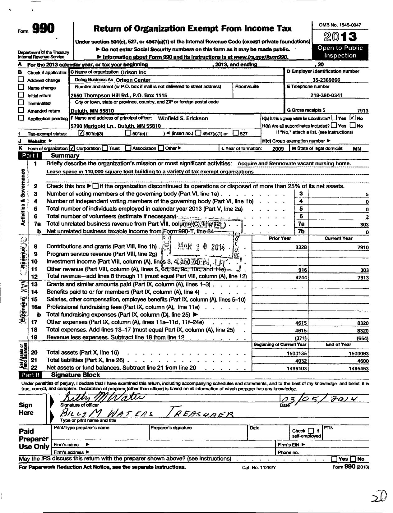 Image of first page of 2013 Form 990 for Orison