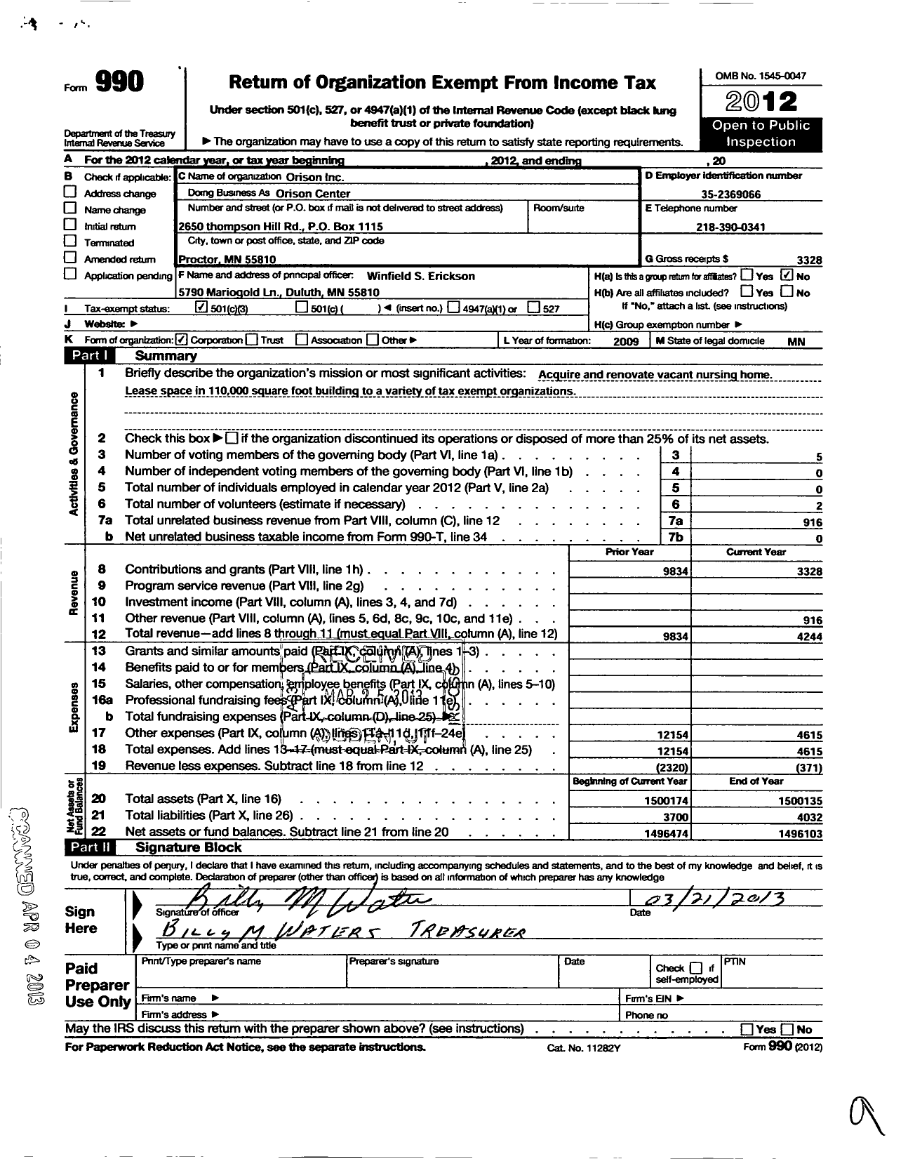 Image of first page of 2012 Form 990 for Orison