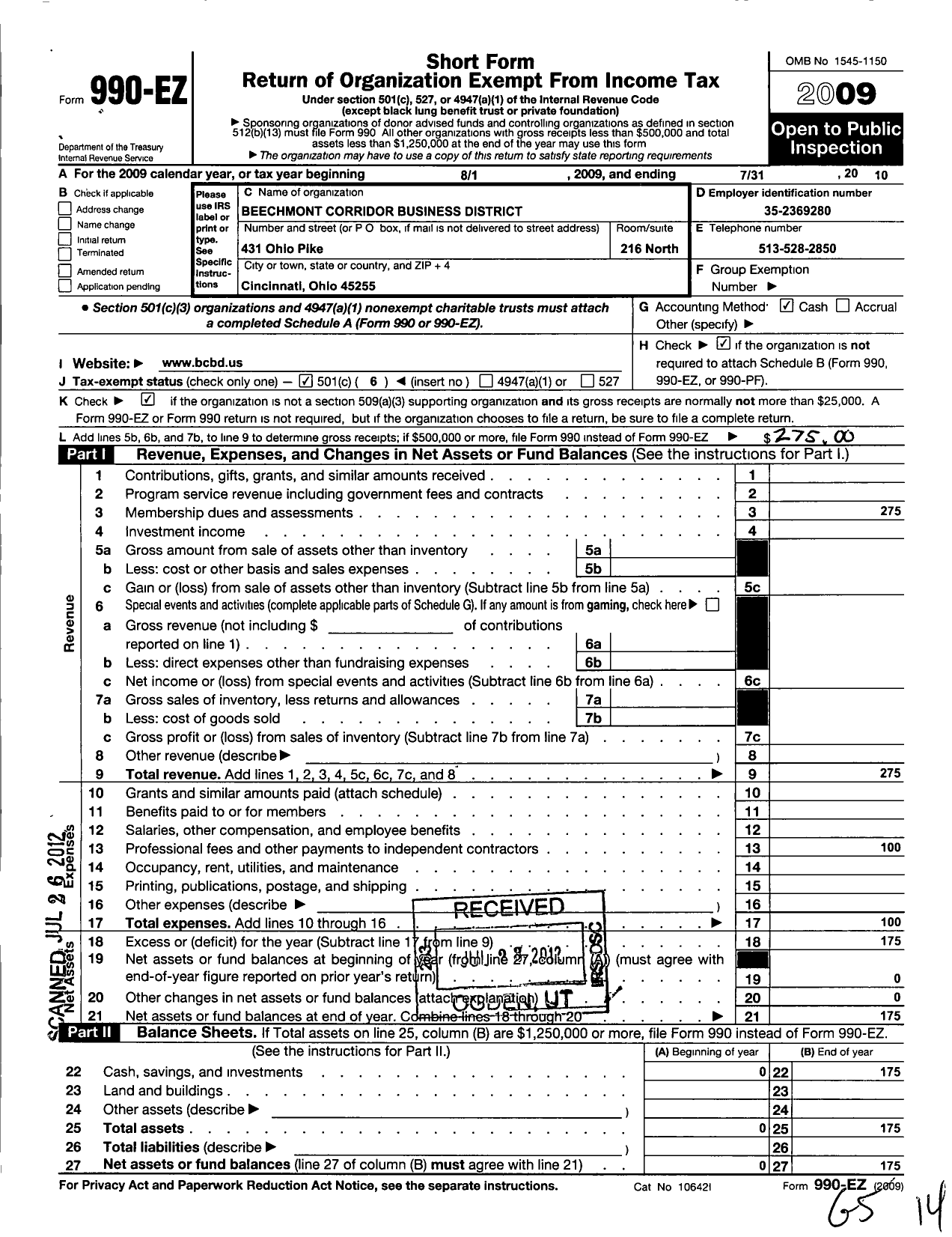 Image of first page of 2009 Form 990EO for Beechmont Corridor Business District