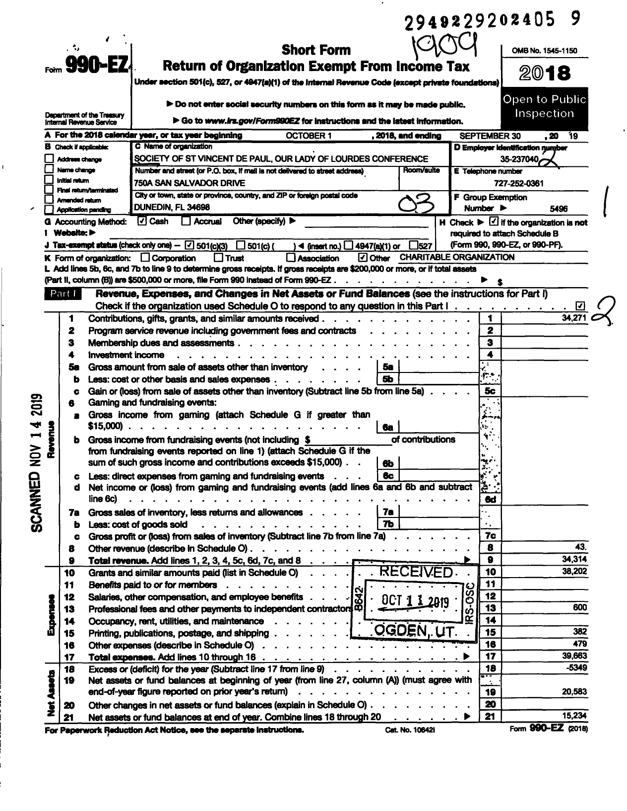 Image of first page of 2018 Form 990EZ for Society of St Vincent de Paul Our Lady of Lourdes Conference