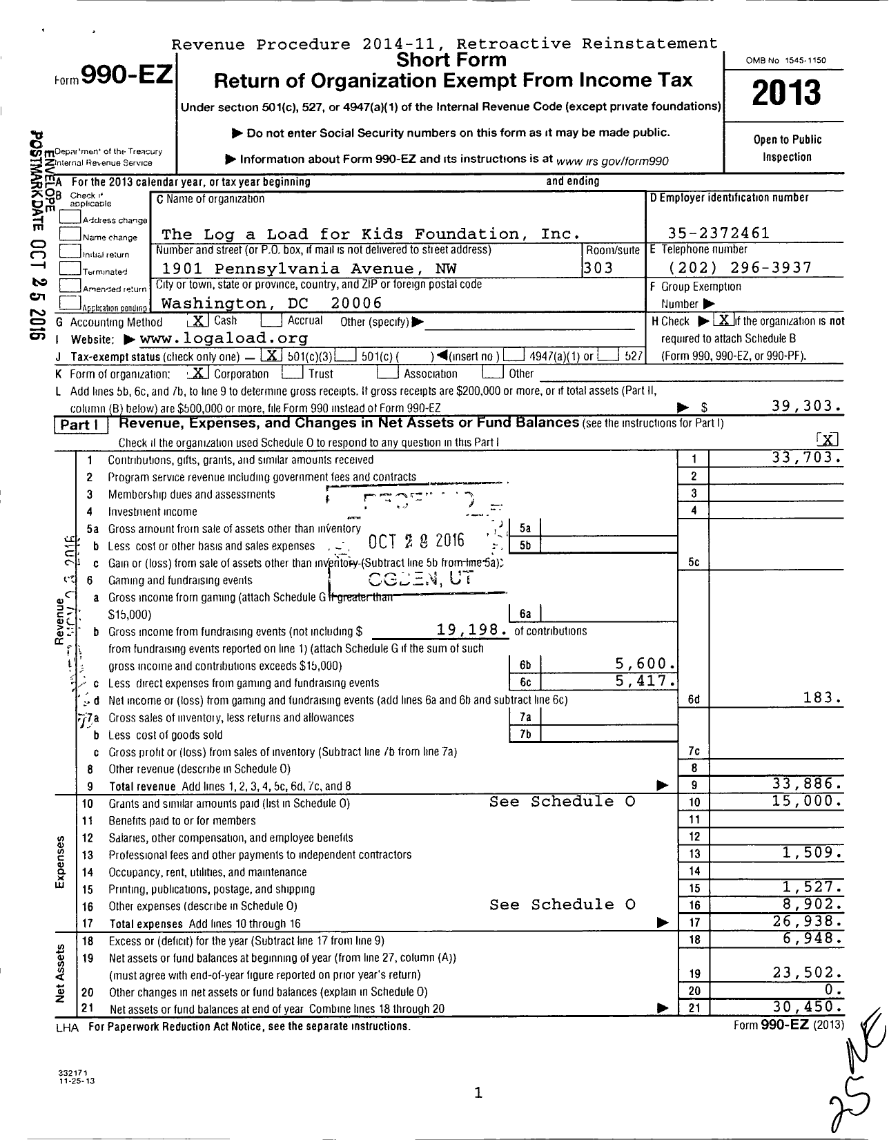 Image of first page of 2013 Form 990EZ for Log a Load for Kids Foundation