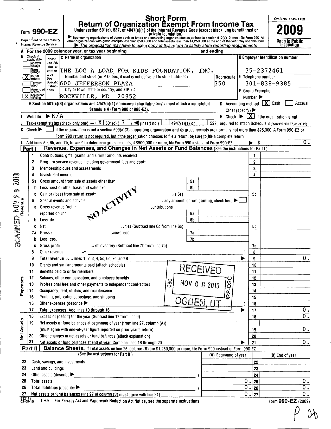 Image of first page of 2009 Form 990EZ for Log a Load for Kids Foundation