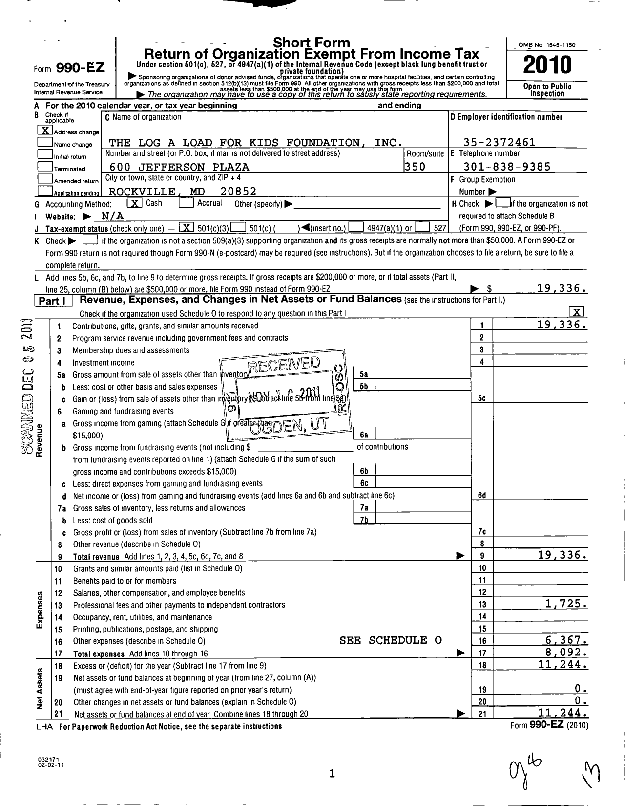 Image of first page of 2010 Form 990EZ for Log a Load for Kids Foundation