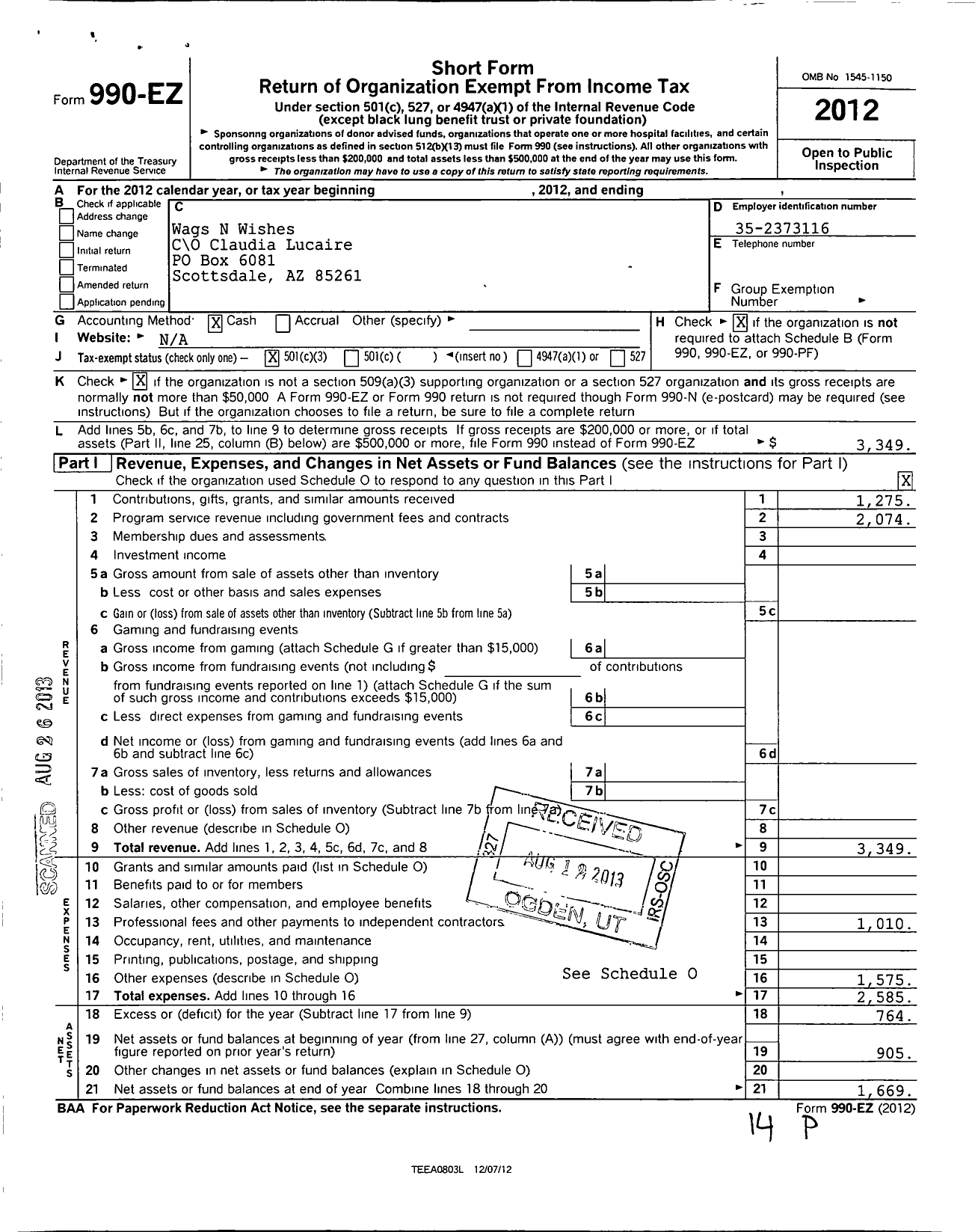 Image of first page of 2012 Form 990EZ for Wags N Wishes