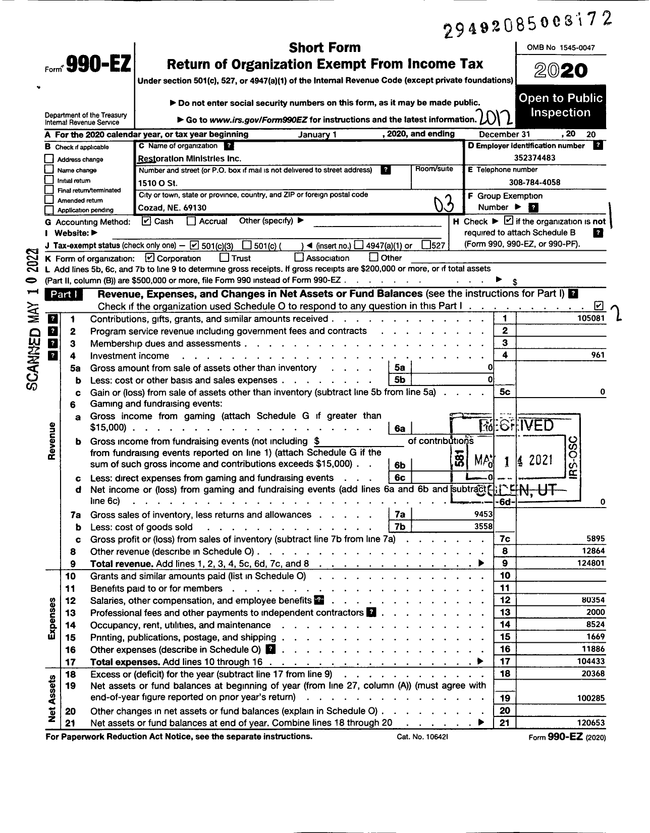 Image of first page of 2020 Form 990EZ for Restoration Ministries