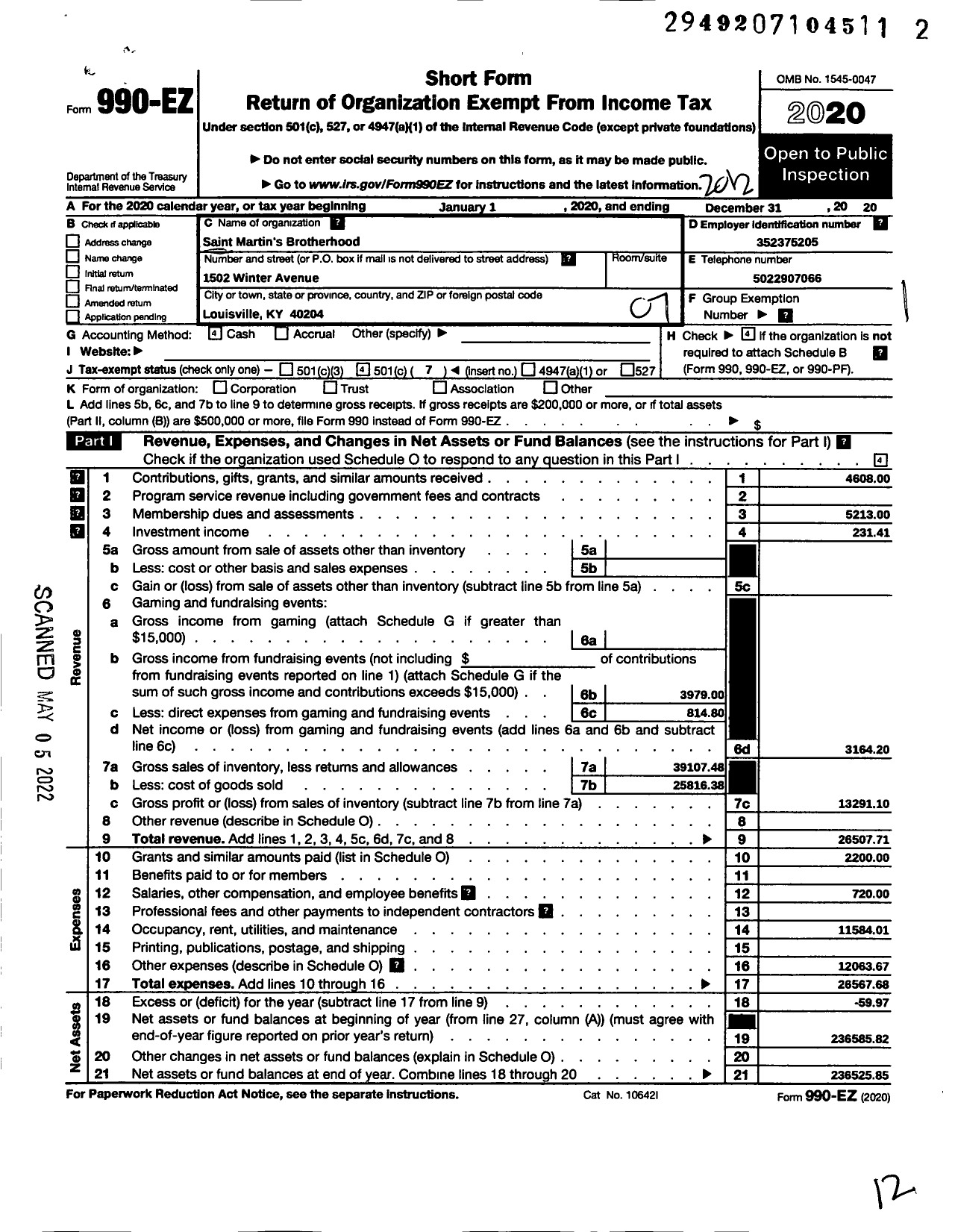 Image of first page of 2020 Form 990EO for Saint Martin's Brotherhood