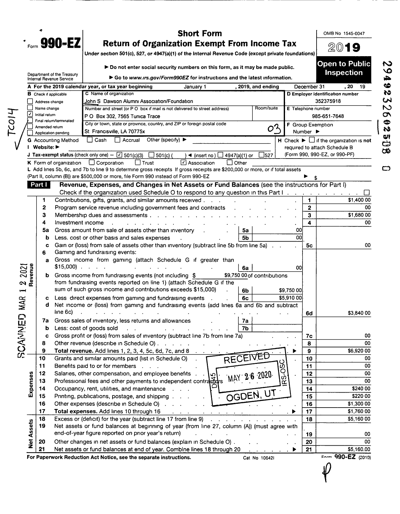 Image of first page of 2019 Form 990EZ for John S Dawson Alumni Association Foundation