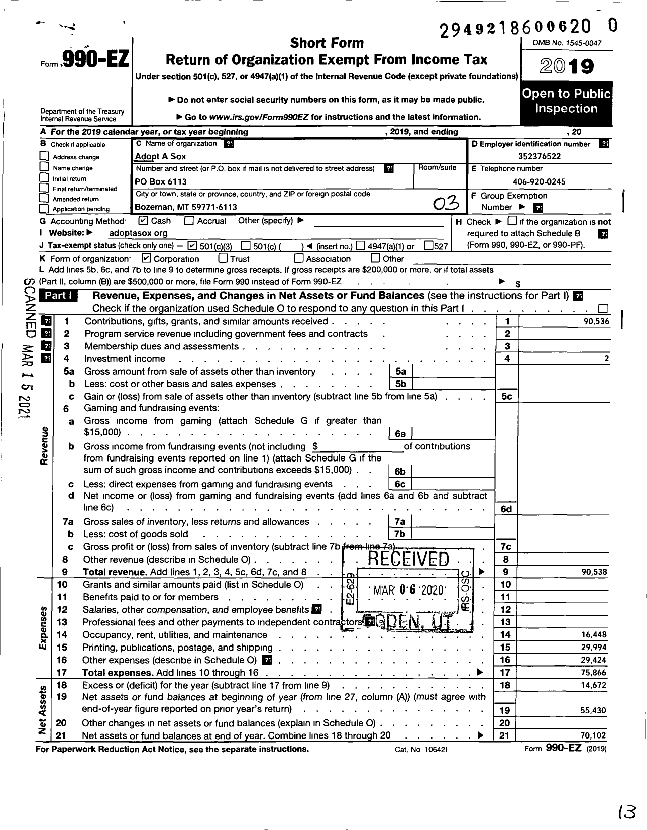 Image of first page of 2019 Form 990EZ for Adopt A Adopt-A-Sox