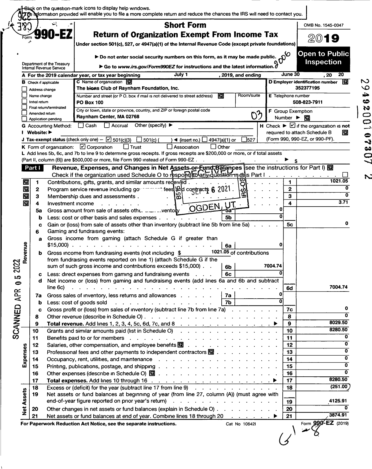 Image of first page of 2019 Form 990EZ for Lions Club of Raynham Foundation