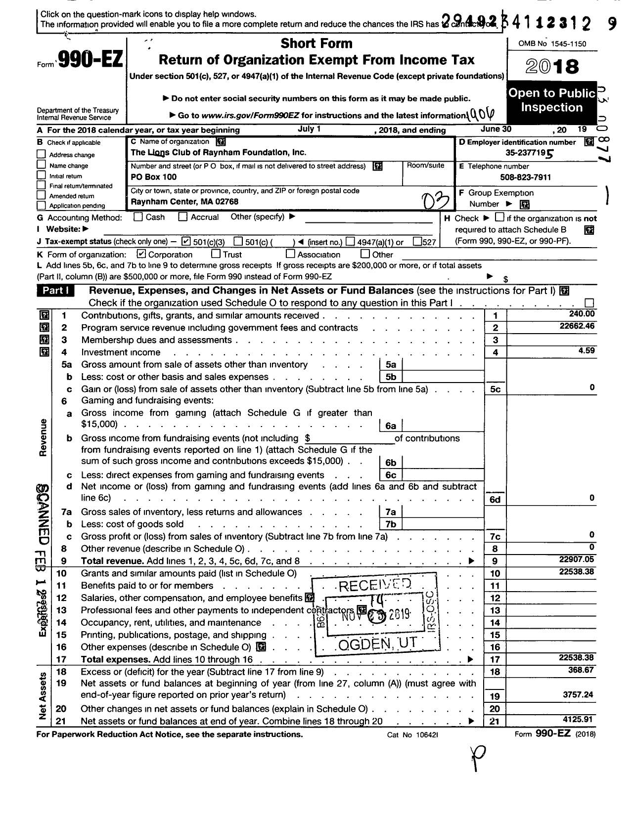 Image of first page of 2018 Form 990EZ for Lions Club of Raynham Foundation