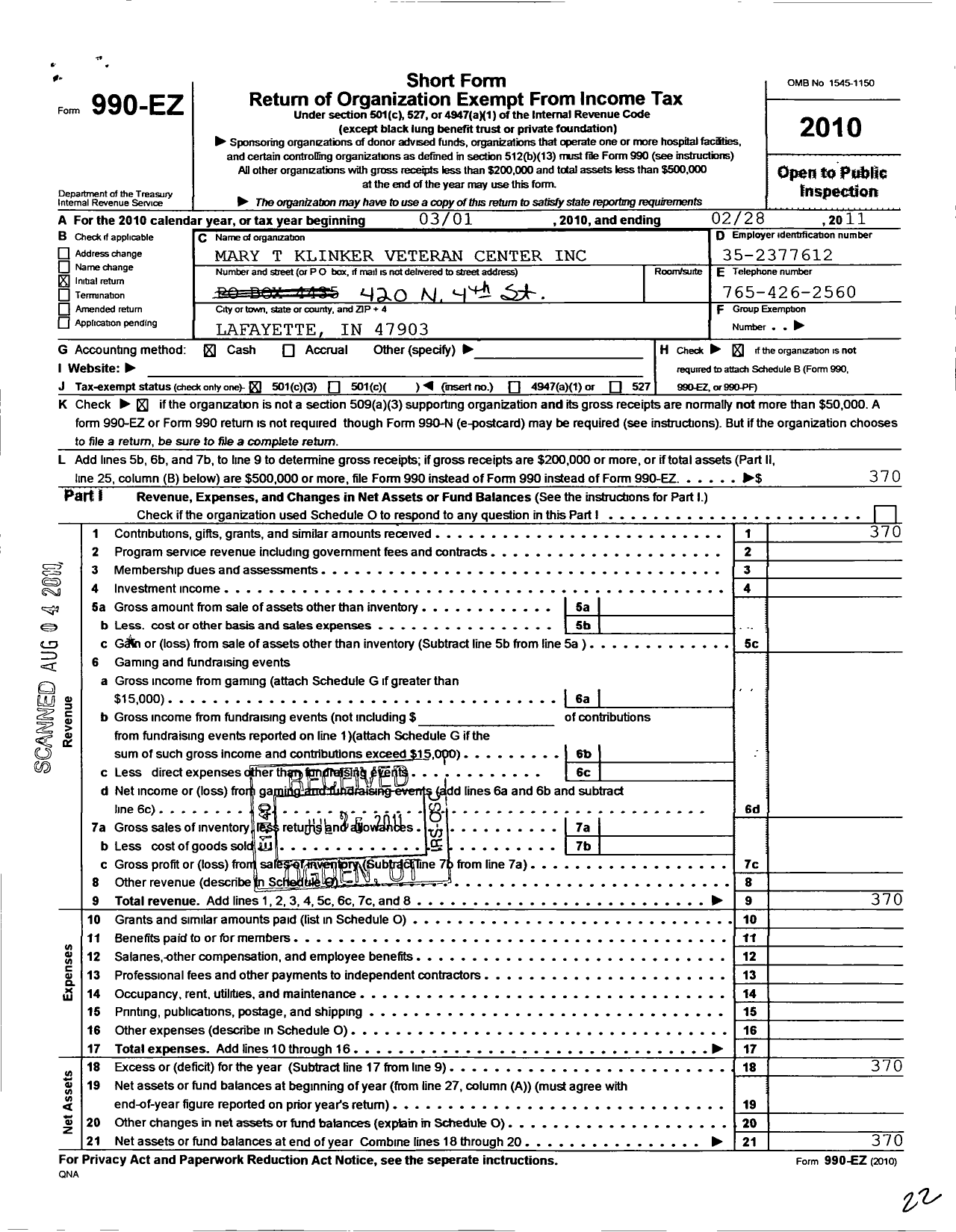 Image of first page of 2010 Form 990EZ for Mary T Klinker Veteran Center