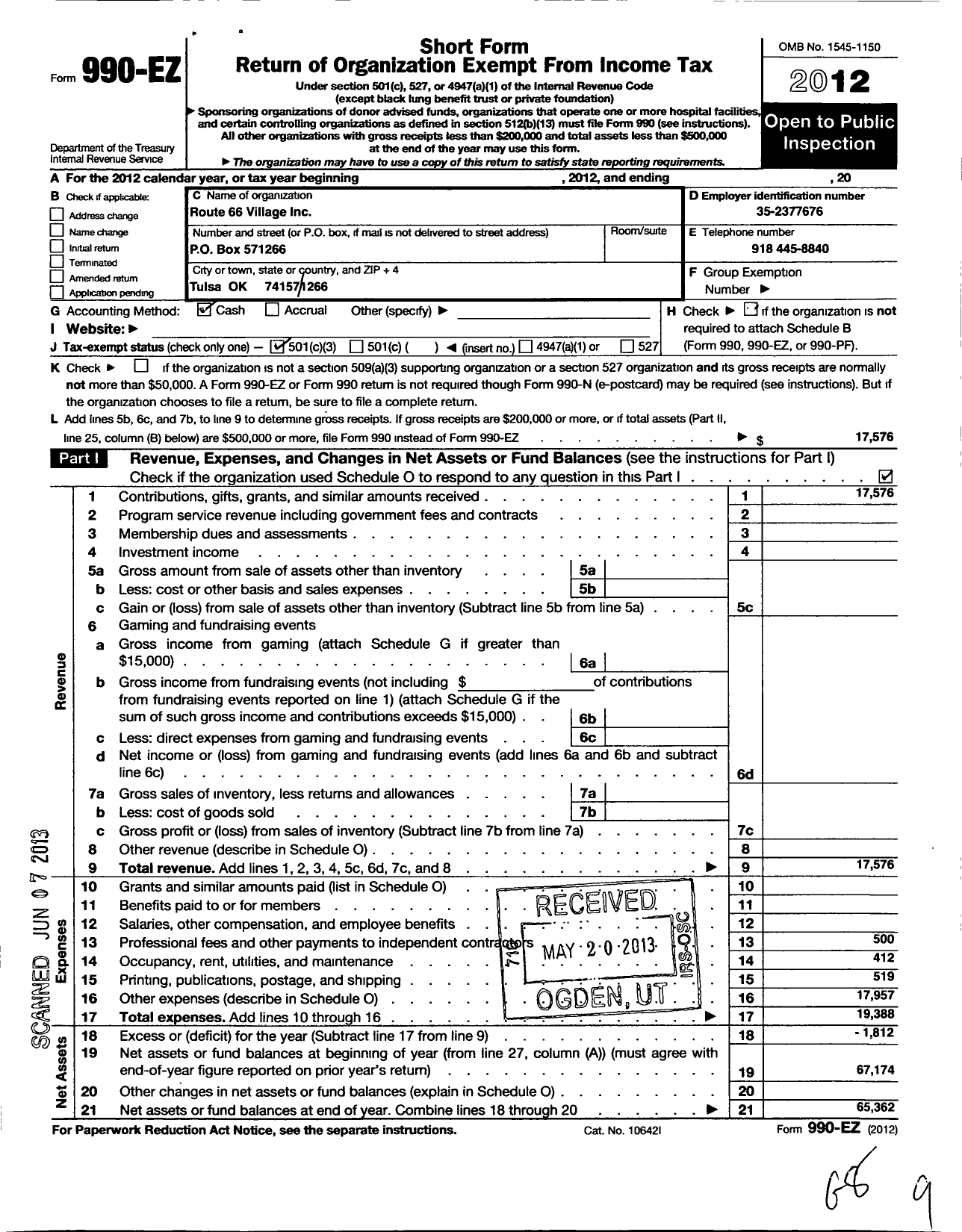 Image of first page of 2012 Form 990EZ for Route 66 Village