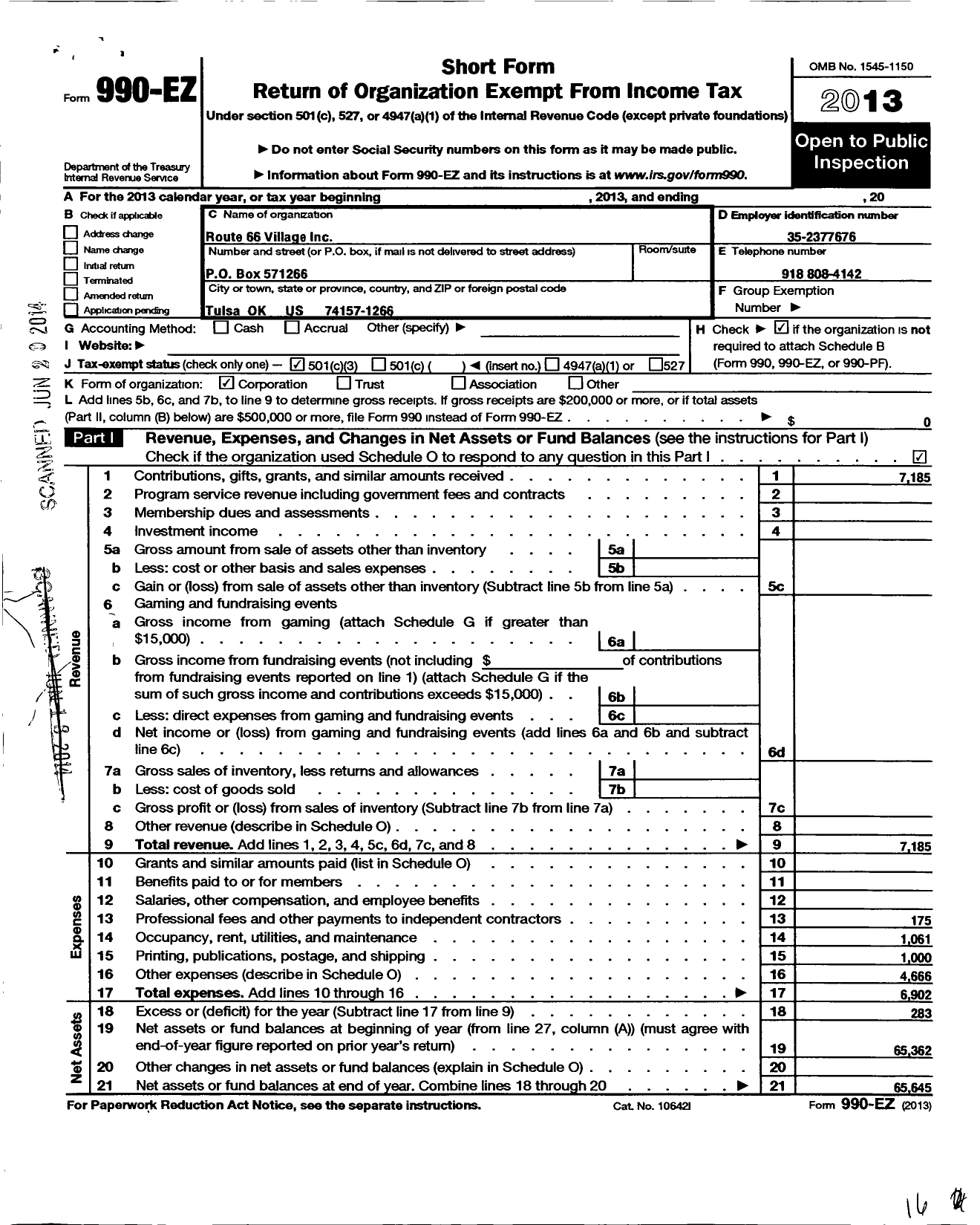 Image of first page of 2013 Form 990EZ for Route 66 Village