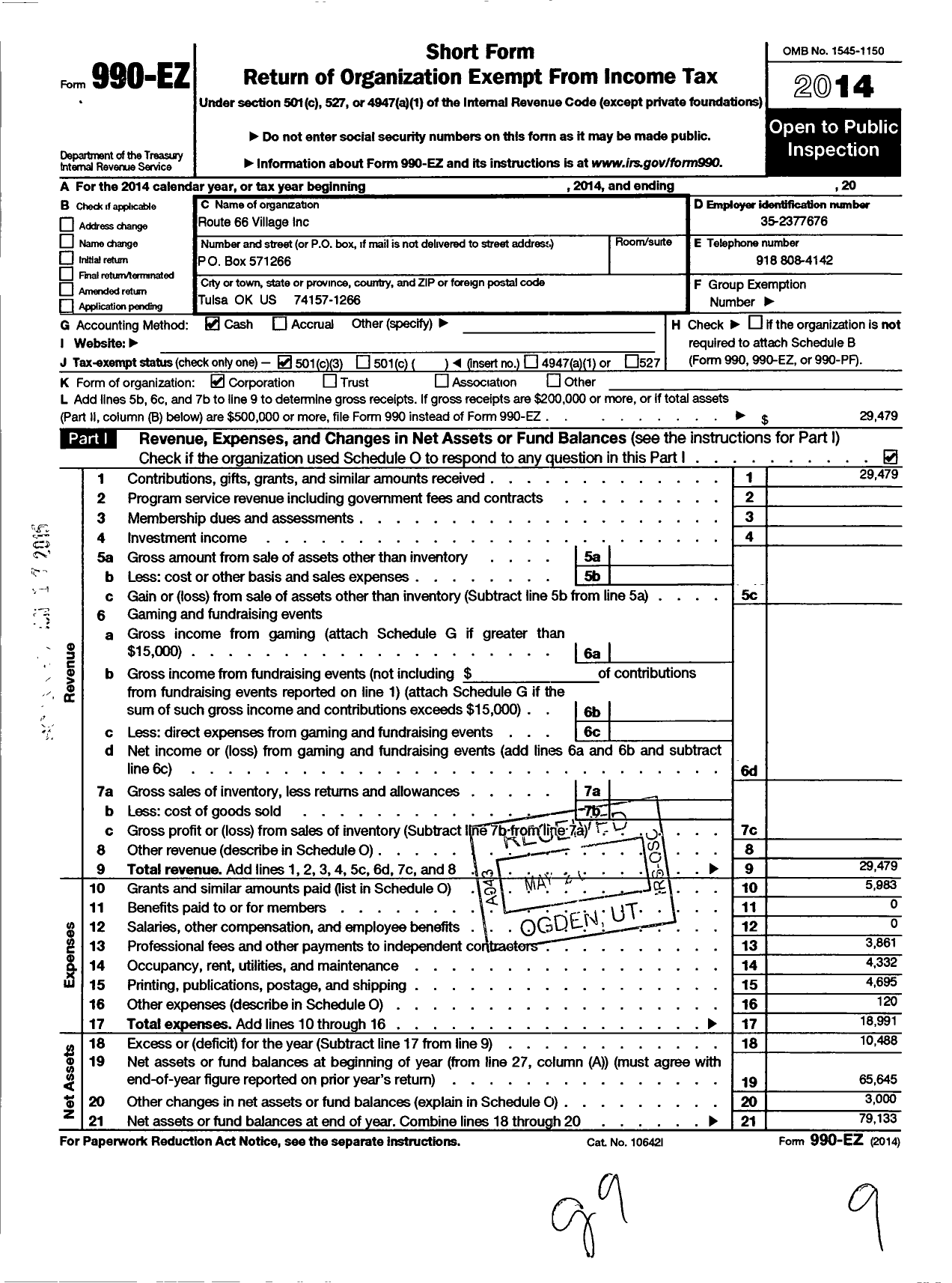 Image of first page of 2014 Form 990EZ for Route 66 Village