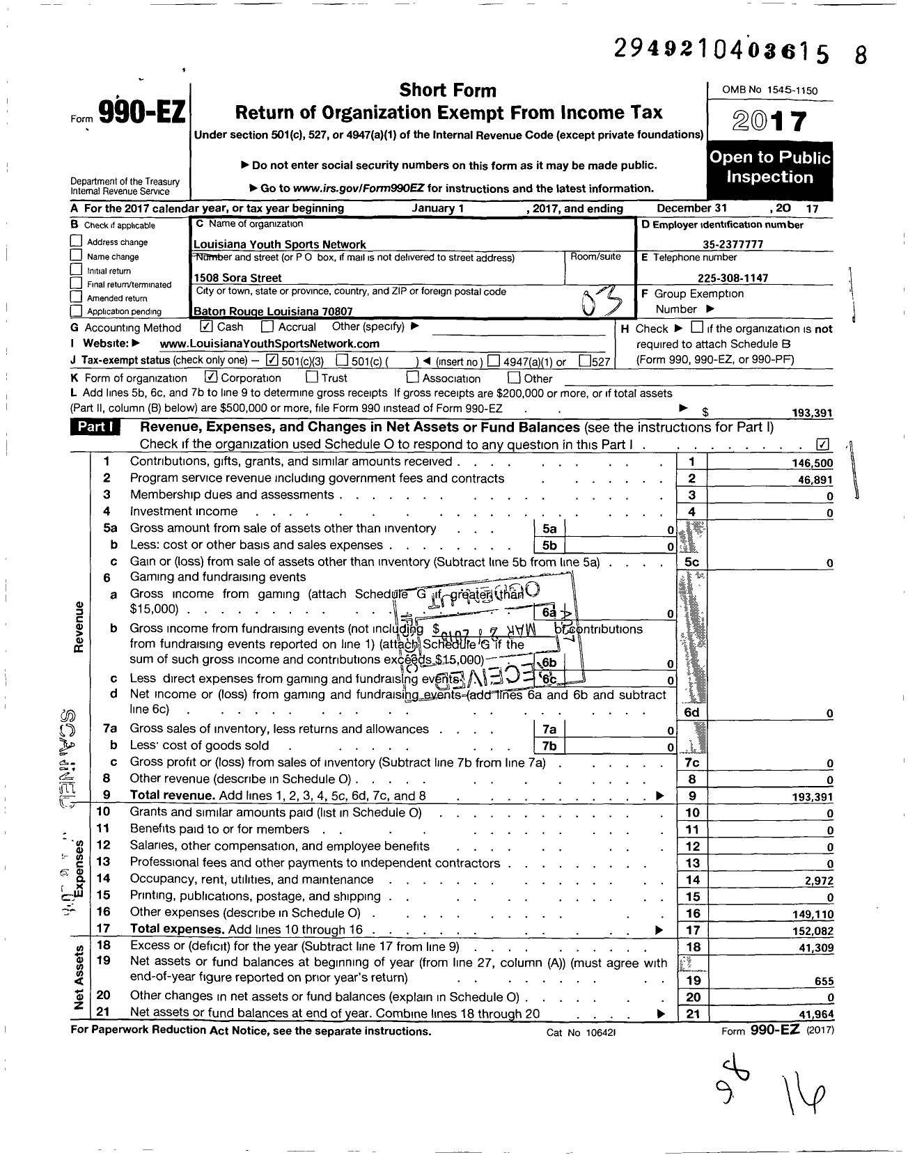 Image of first page of 2017 Form 990EZ for Louisiana Youth Sports Network