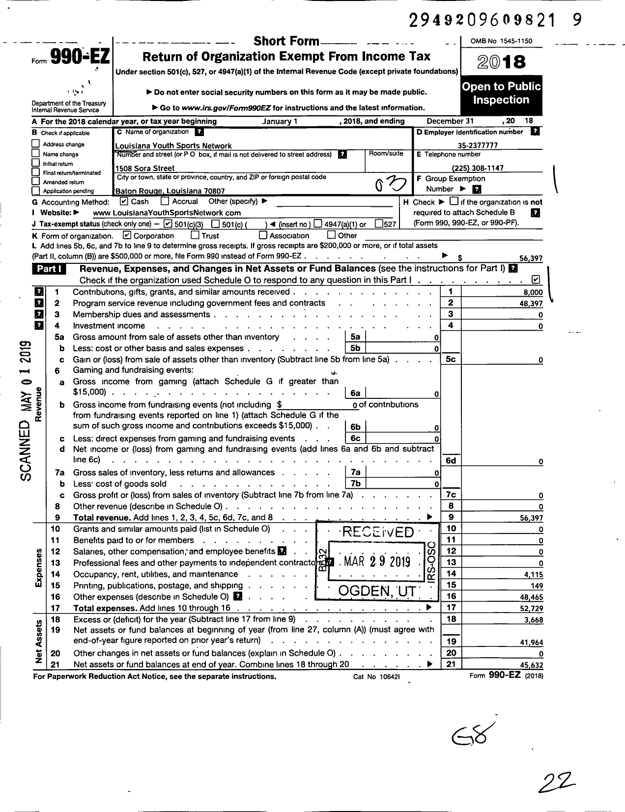 Image of first page of 2018 Form 990EZ for Louisiana Youth Sports Network