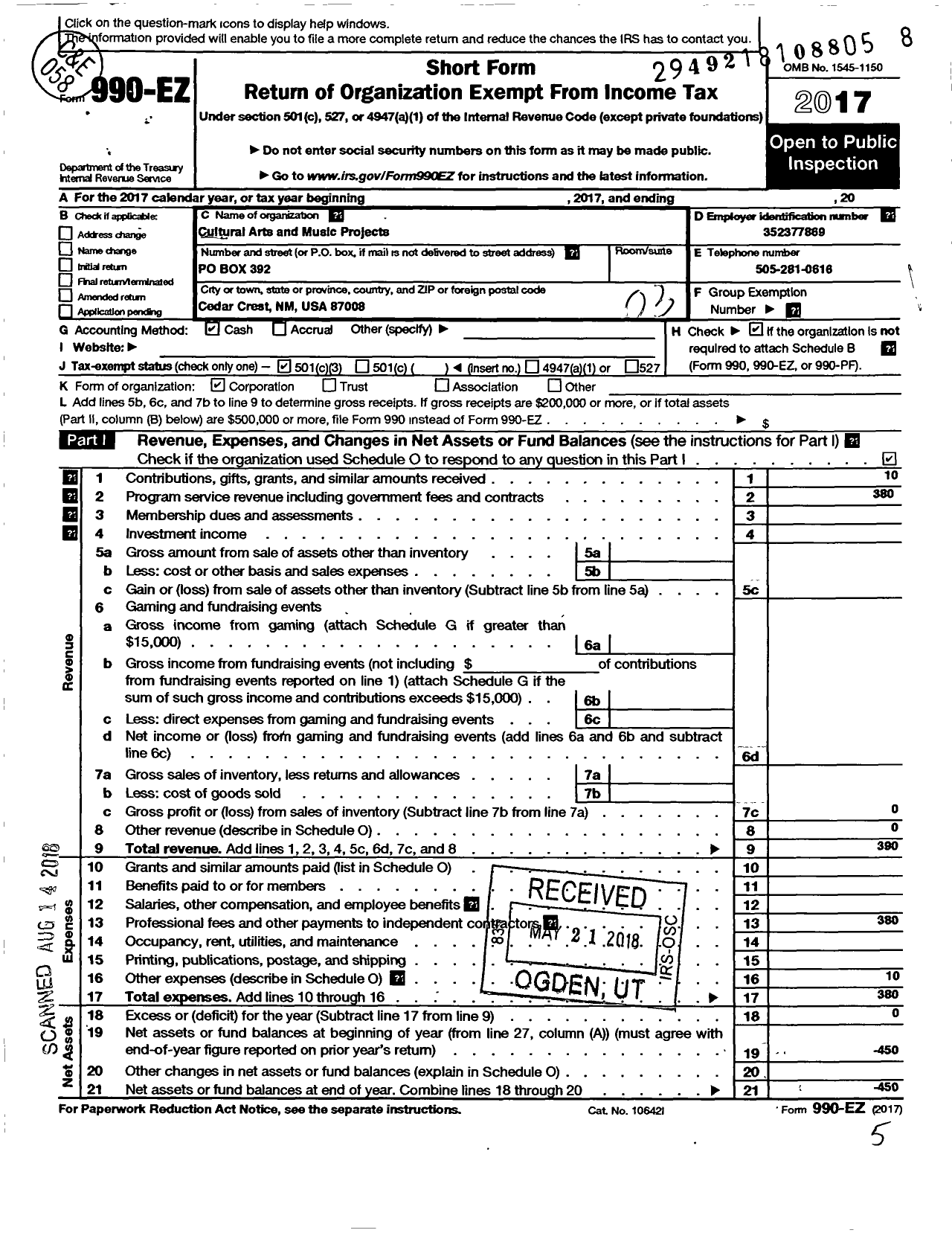 Image of first page of 2017 Form 990EZ for Cultural Arts and Music Projects (CAMP)