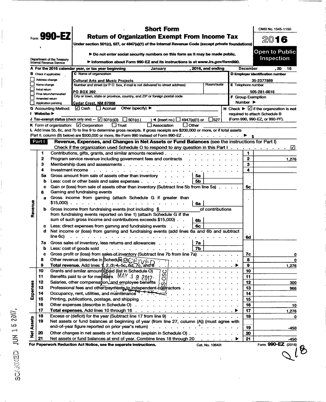 Image of first page of 2016 Form 990EZ for Cultural Arts and Music Projects (CAMP)