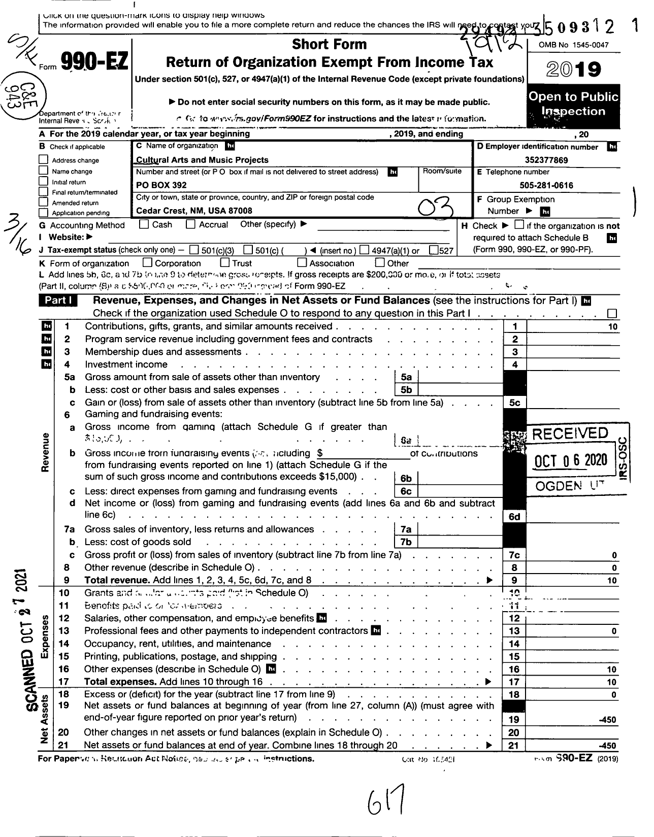 Image of first page of 2019 Form 990EZ for Cultural Arts and Music Projects (CAMP)