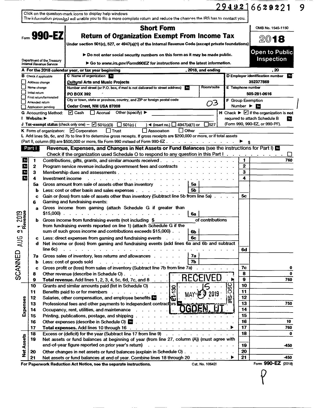 Image of first page of 2018 Form 990EZ for Cultural Arts and Music Projects (CAMP)