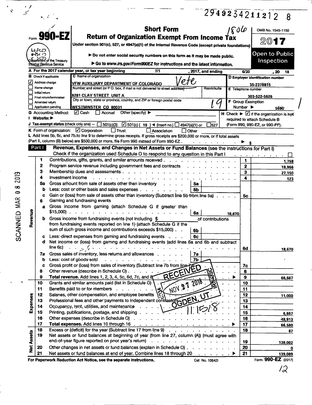 Image of first page of 2017 Form 990EO for VFW Auxiliary Department of Colorado