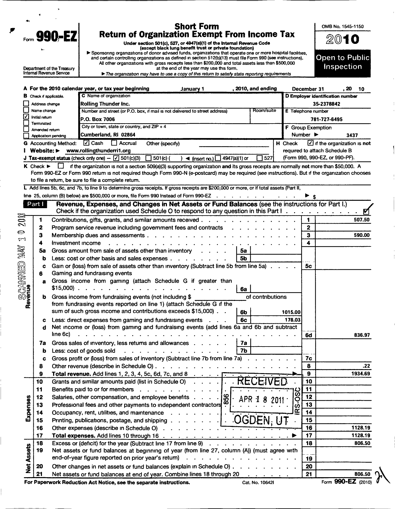 Image of first page of 2010 Form 990EZ for Rolling Thunder - Rolling Thunder Chapter 1 Ri