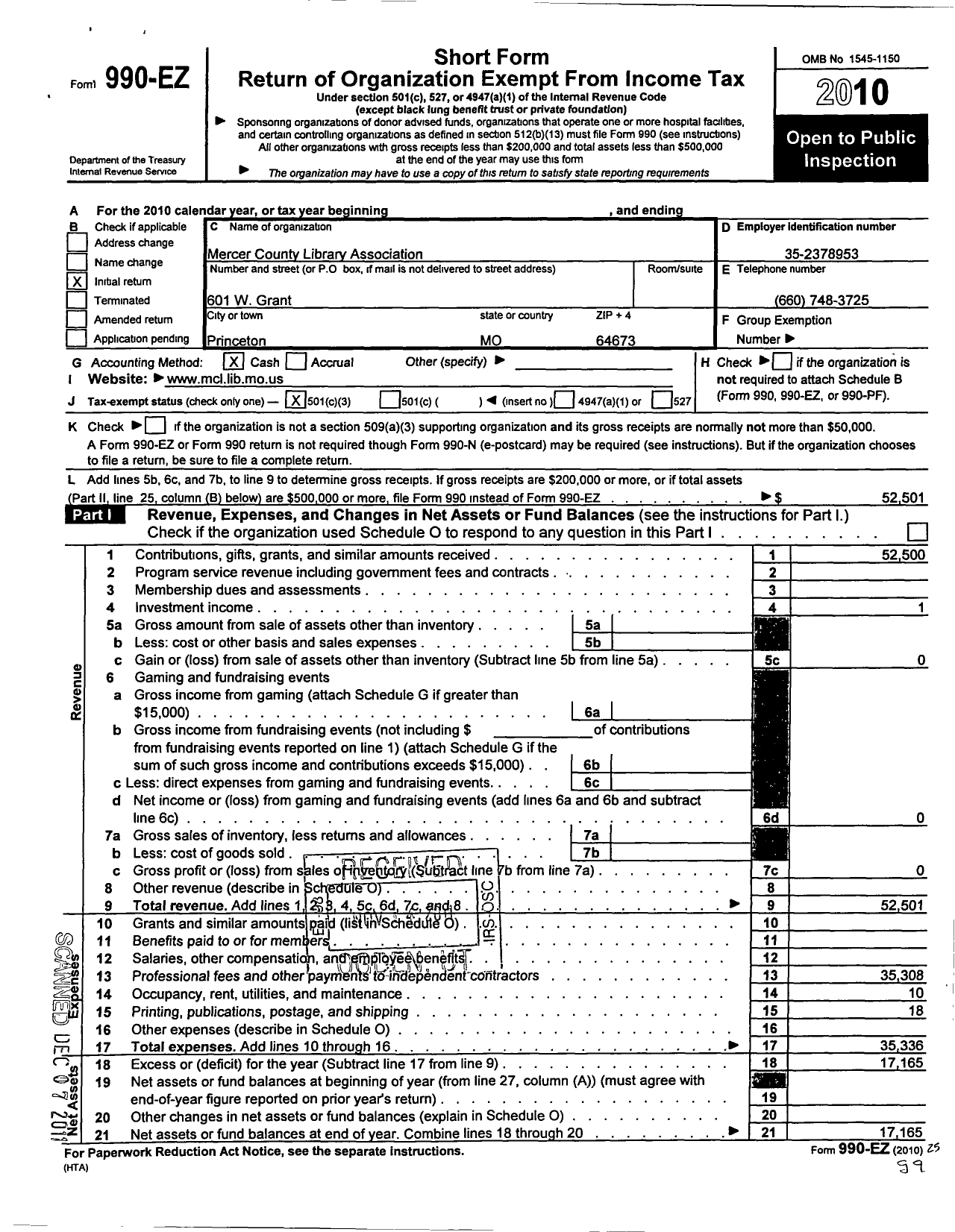 Image of first page of 2010 Form 990EZ for Mercer County Library Association