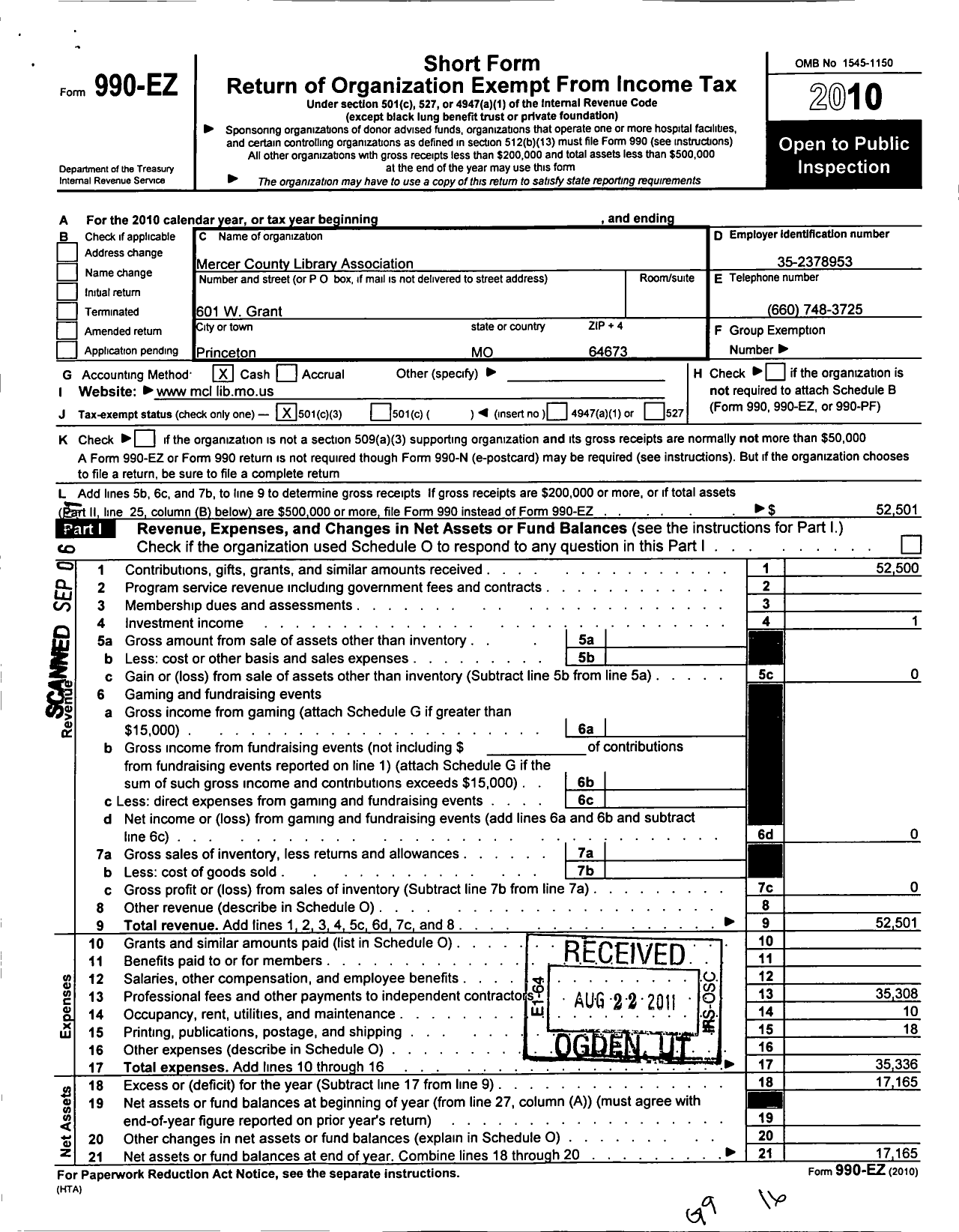 Image of first page of 2010 Form 990EZ for Mercer County Library Association