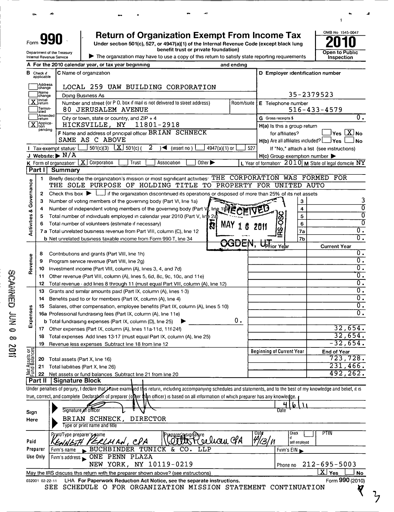 Image of first page of 2010 Form 990O for Local 259 Uaw Building Corporation