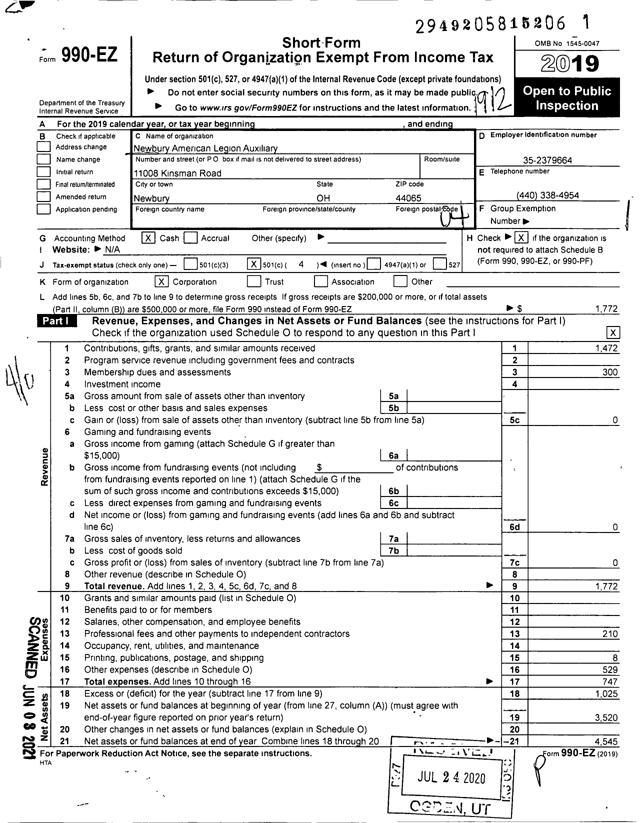 Image of first page of 2019 Form 990EO for Newbury American Legion Auxiliary