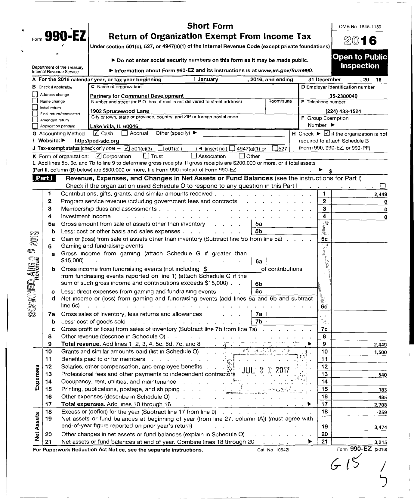 Image of first page of 2016 Form 990EZ for Partners for Communal Development