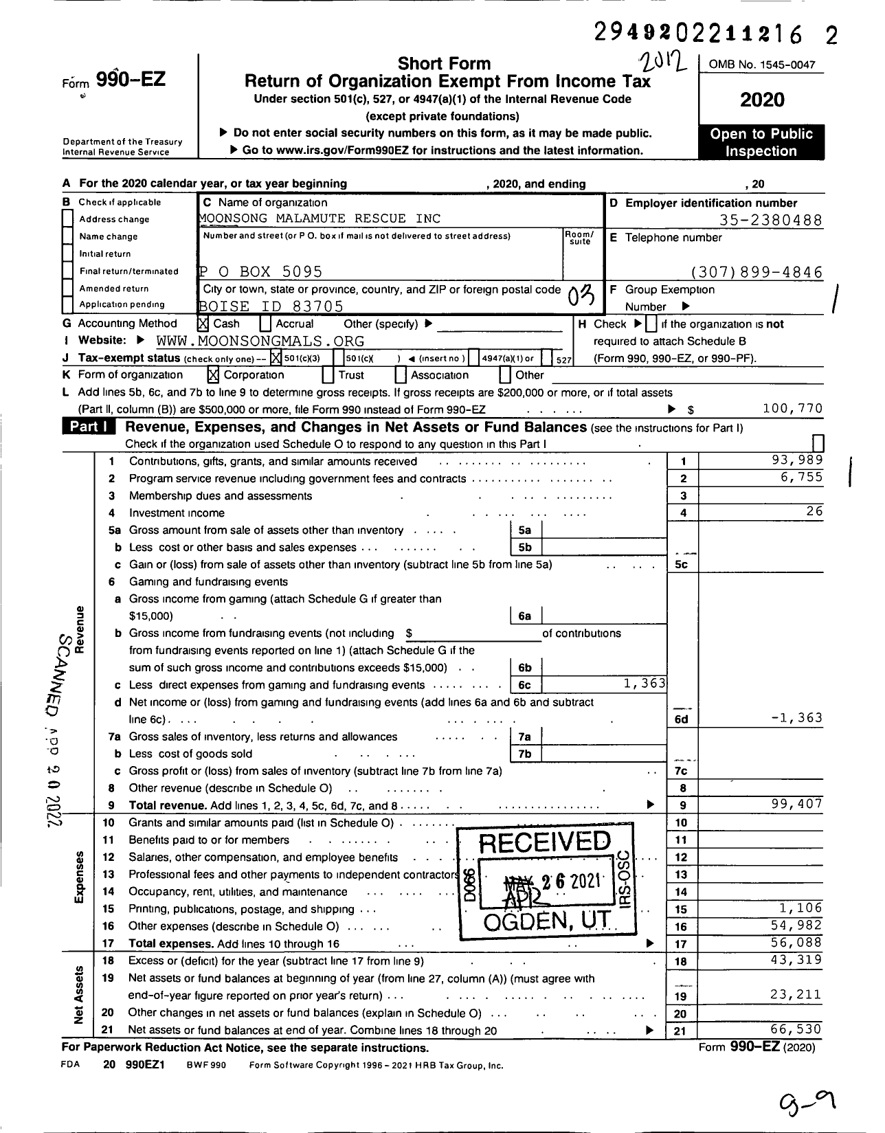 Image of first page of 2020 Form 990EZ for Moonsong Malamute Rescue