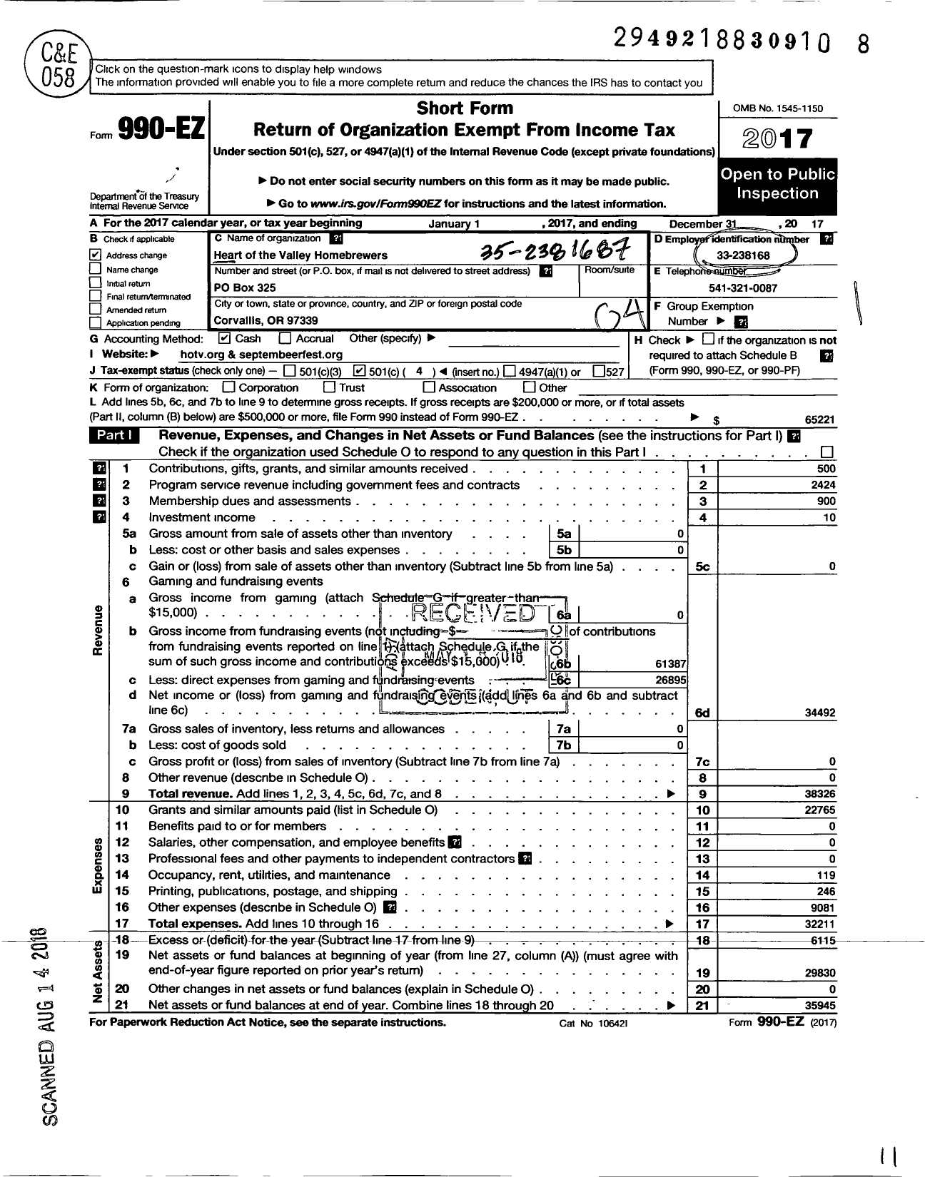 Image of first page of 2017 Form 990EO for Heart of the Valley Homebrewers