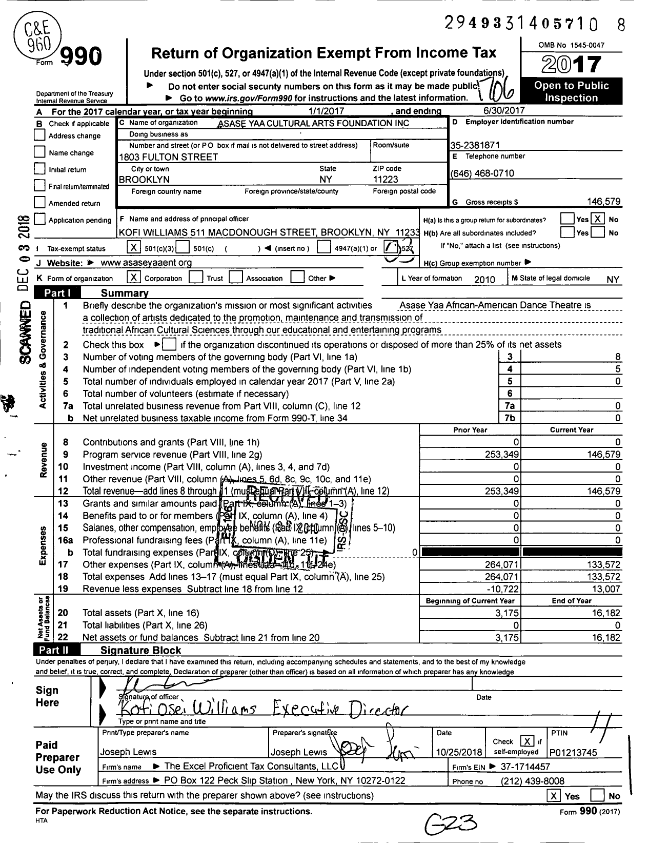 Image of first page of 2016 Form 990 for Asase Yaa Cultural Arts Foundation