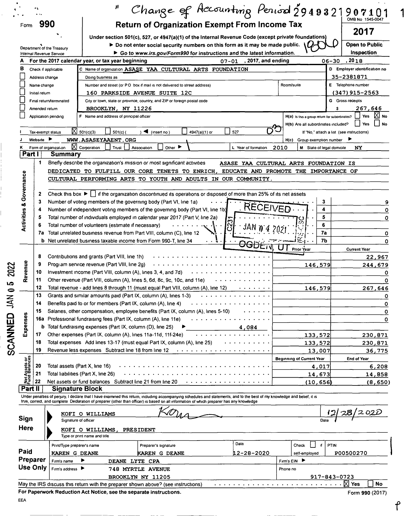 Image of first page of 2017 Form 990 for Asase Yaa Cultural Arts Foundation