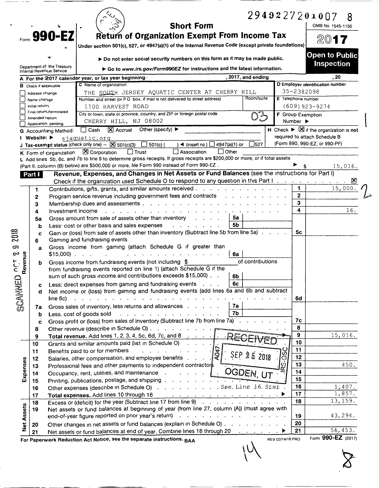 Image of first page of 2017 Form 990EZ for The South Jersey Aquatic Center at Cherry Hill