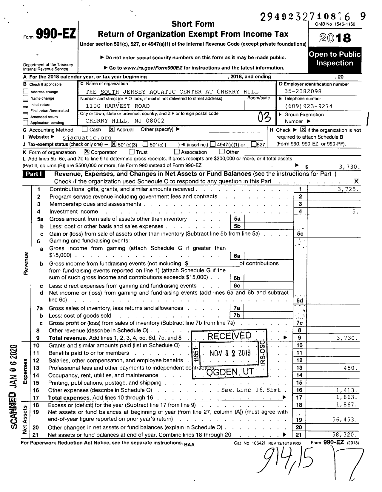 Image of first page of 2018 Form 990EZ for The South Jersey Aquatic Center at Cherry Hill