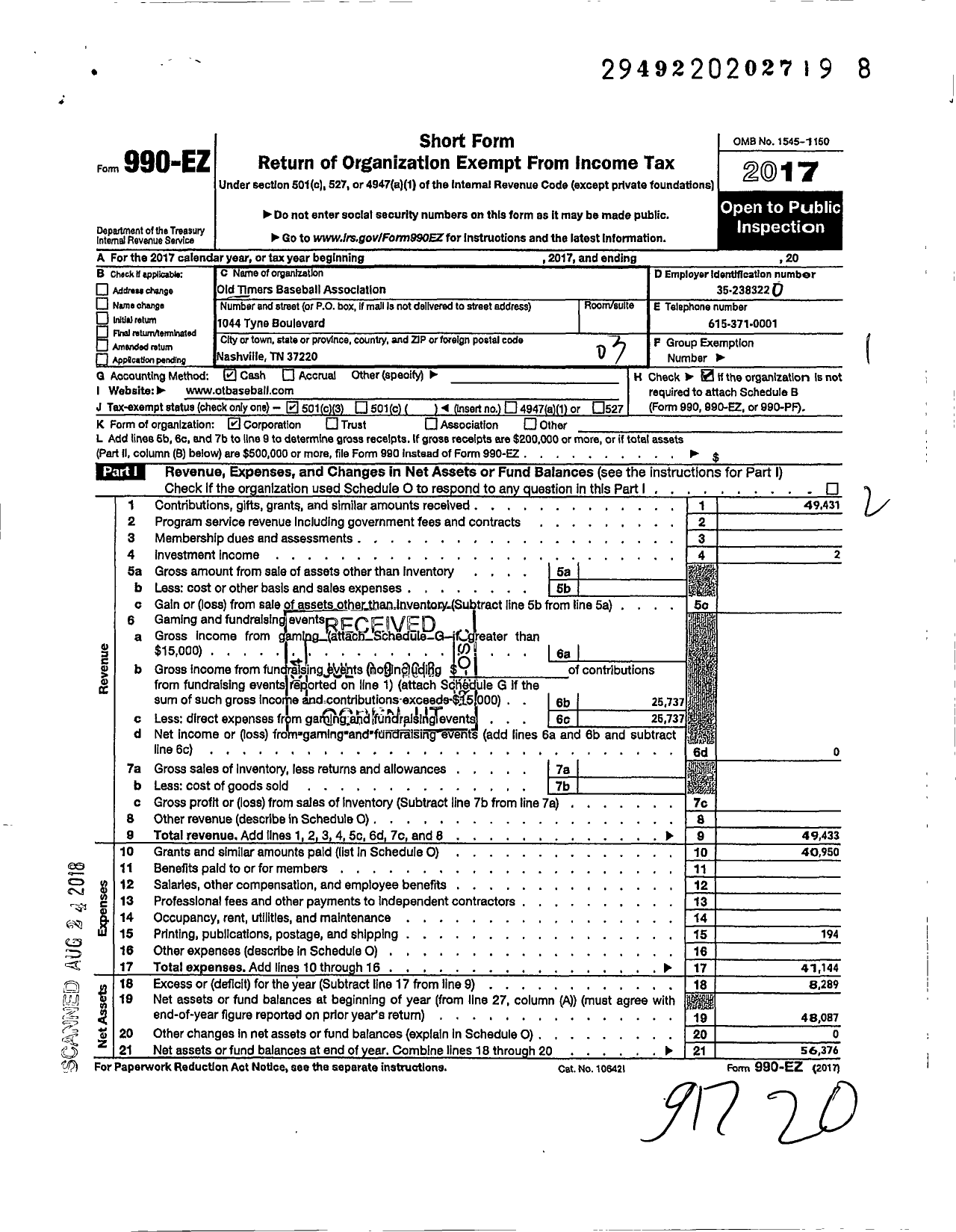 Image of first page of 2017 Form 990EZ for Old Timers Baseball Association