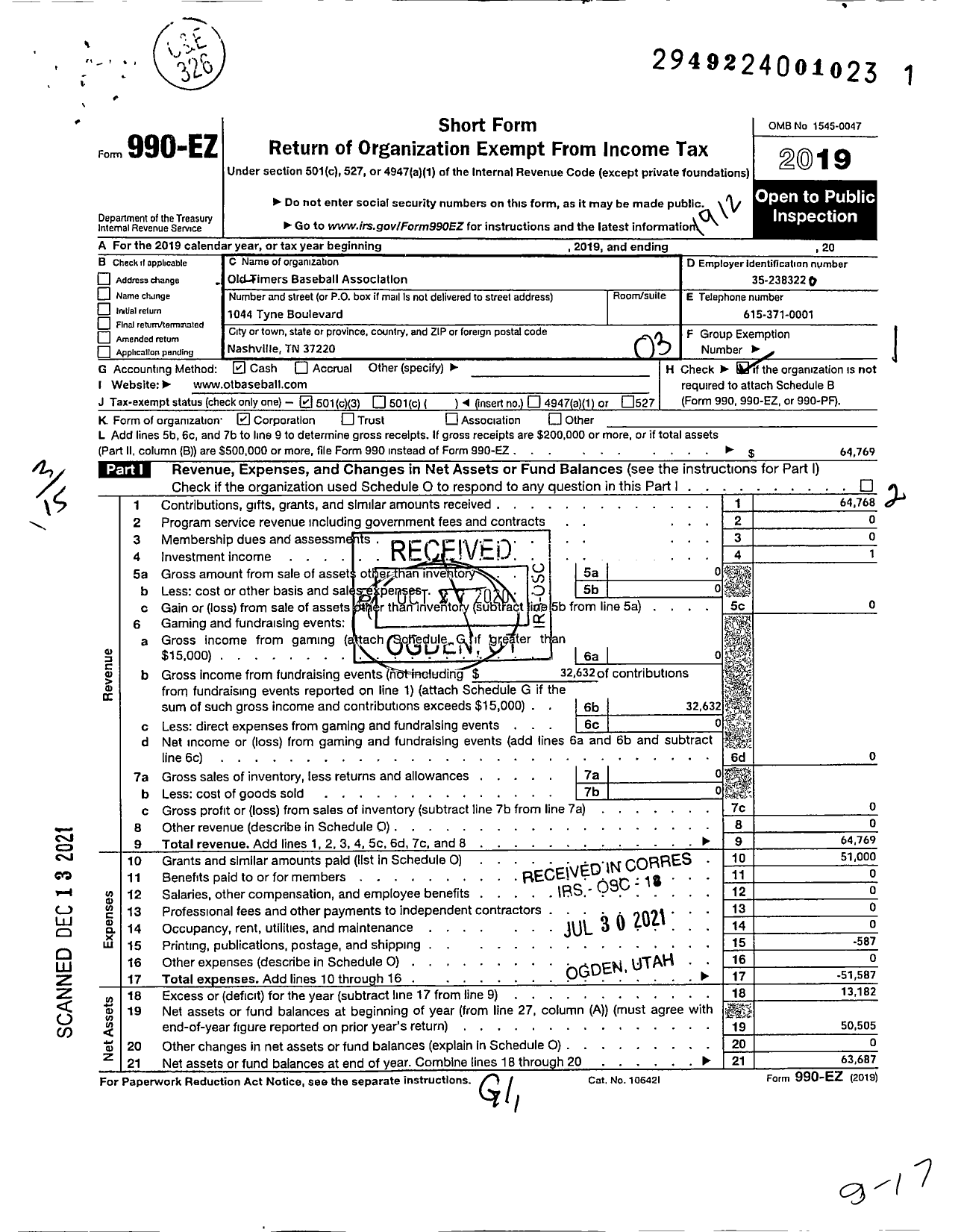 Image of first page of 2019 Form 990EZ for Old Timers Baseball Association