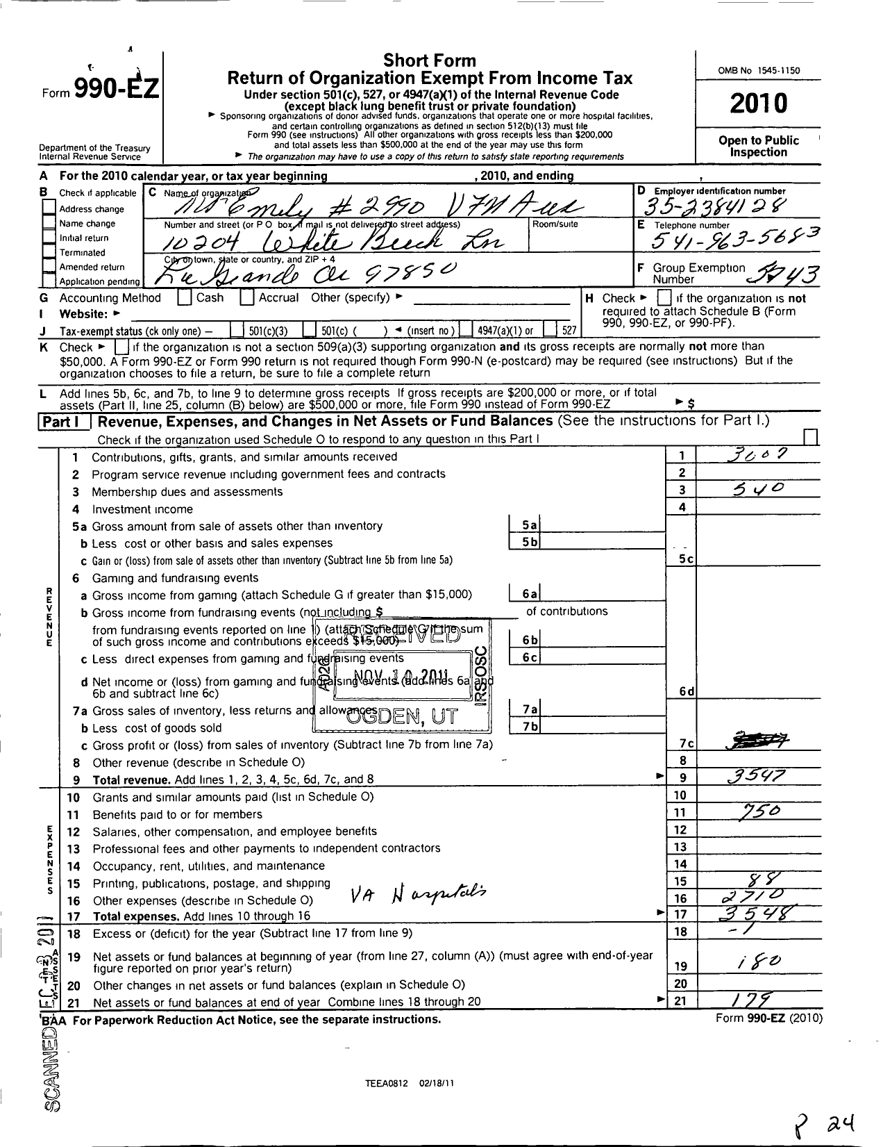 Image of first page of 2010 Form 990EO for Veterans of Foreign Wars of the United States Department of Oregon - 2990 MT Emily Auxiliary