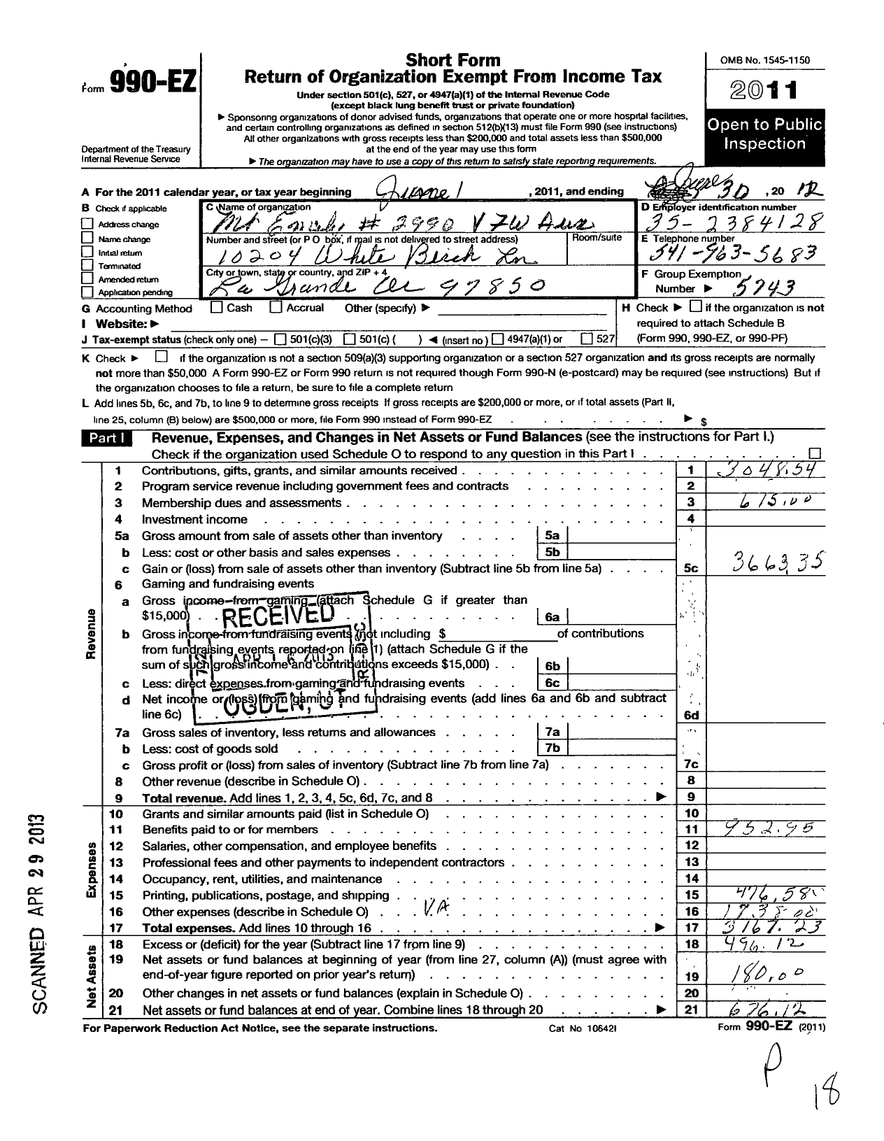 Image of first page of 2011 Form 990EO for Veterans of Foreign Wars of the United States Department of Oregon - 2990 MT Emily Auxiliary