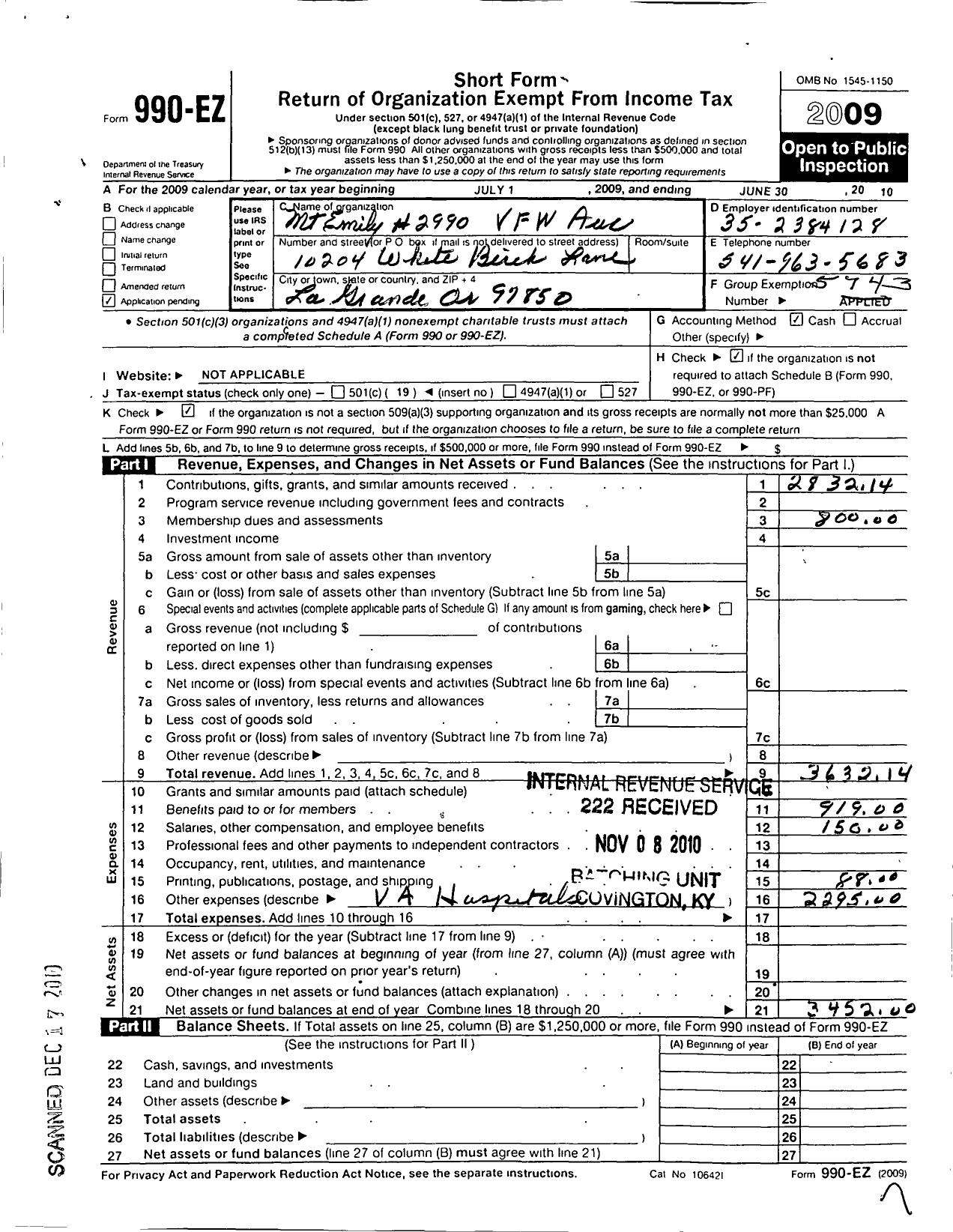 Image of first page of 2009 Form 990EO for Veterans of Foreign Wars of the United States Department of Oregon - 2990 MT Emily Auxiliary