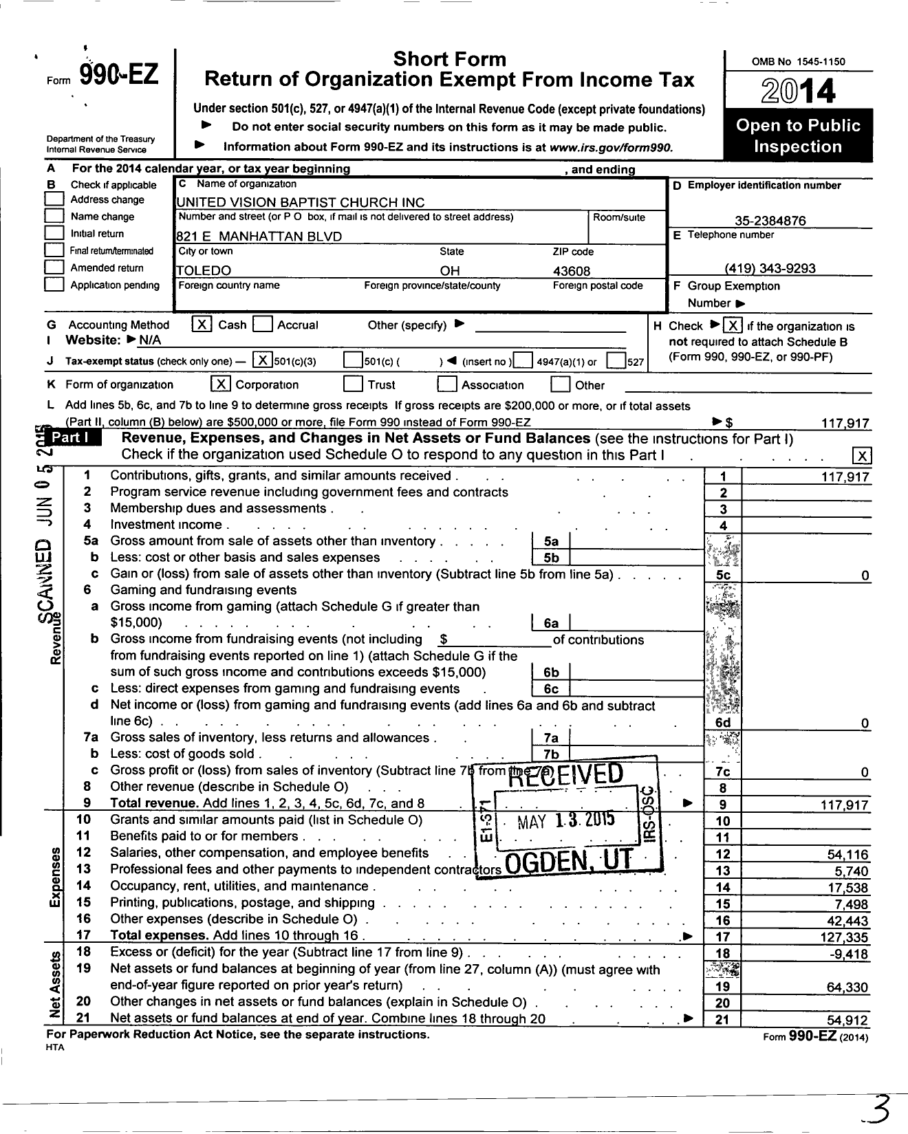Image of first page of 2014 Form 990EZ for United Vision Baptist Church