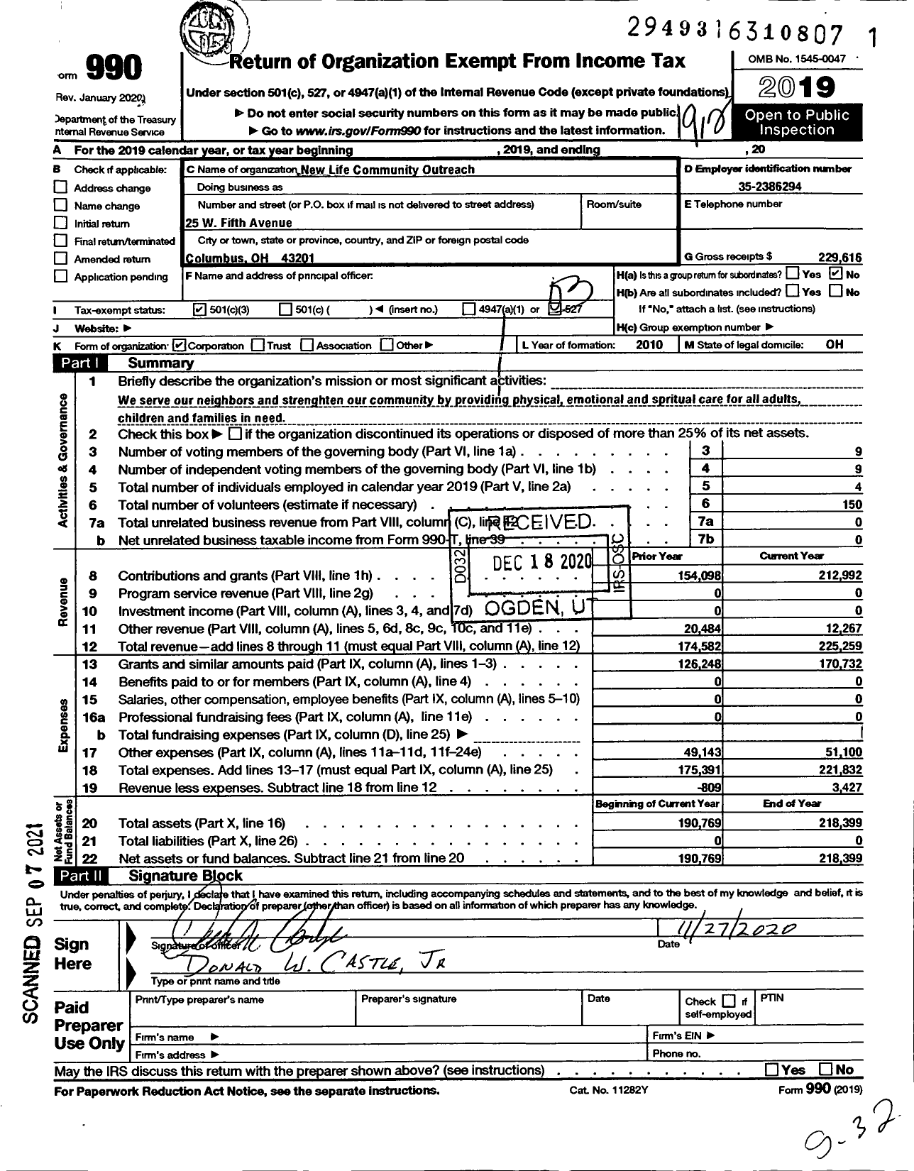 Image of first page of 2019 Form 990 for New Life Community Outreach