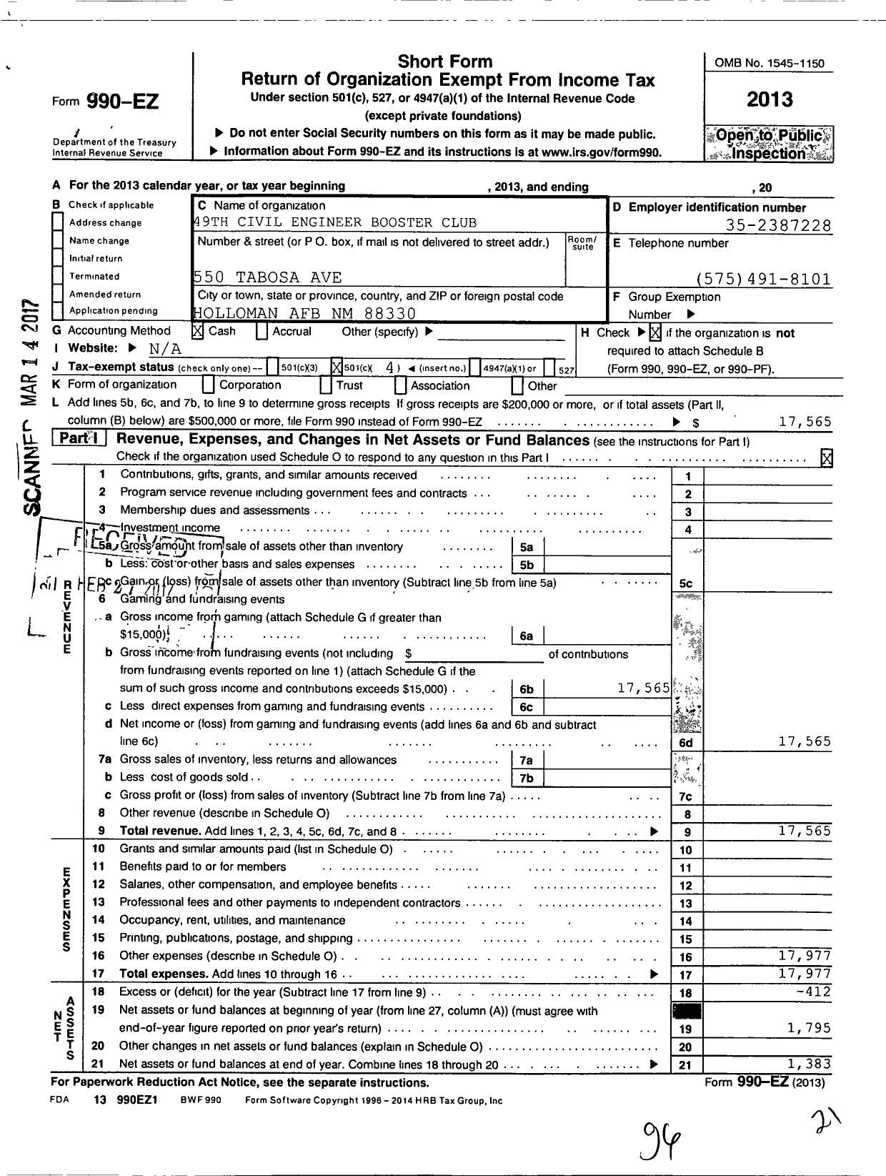 Image of first page of 2013 Form 990EO for 49th Civil Engineer Booster Club Organization