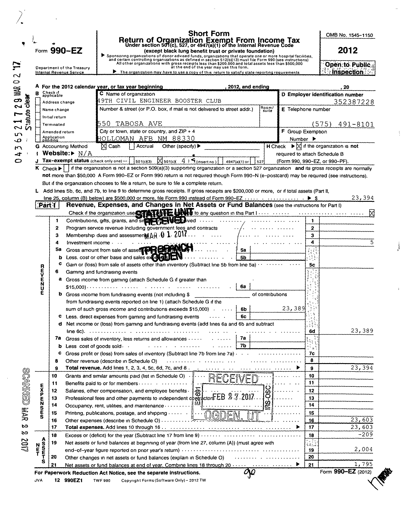 Image of first page of 2012 Form 990EO for 49th Civil Engineer Booster Club Organization