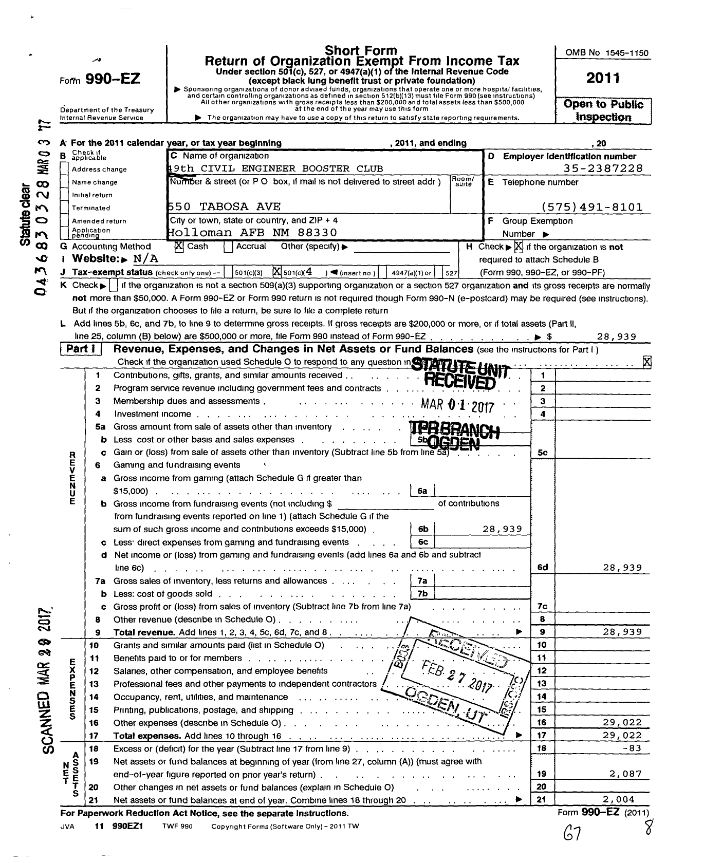 Image of first page of 2011 Form 990EO for 49th Civil Engineer Booster Club Organization