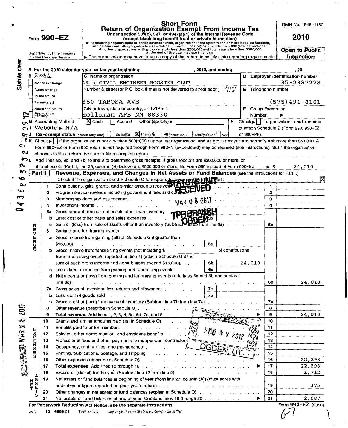 Image of first page of 2010 Form 990EO for 49th Civil Engineer Booster Club Organization