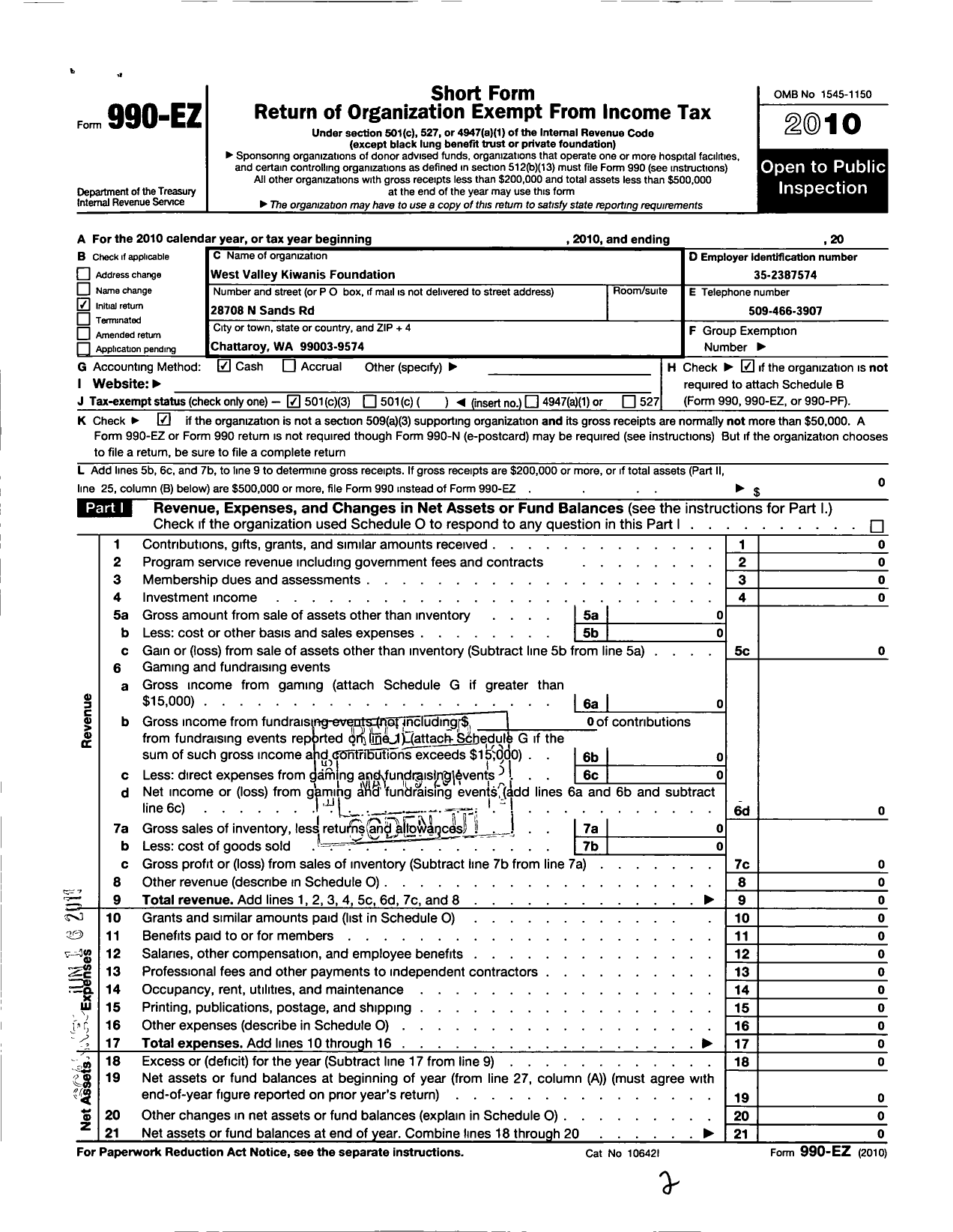 Image of first page of 2010 Form 990EZ for West Valley Kiwanis Foundation